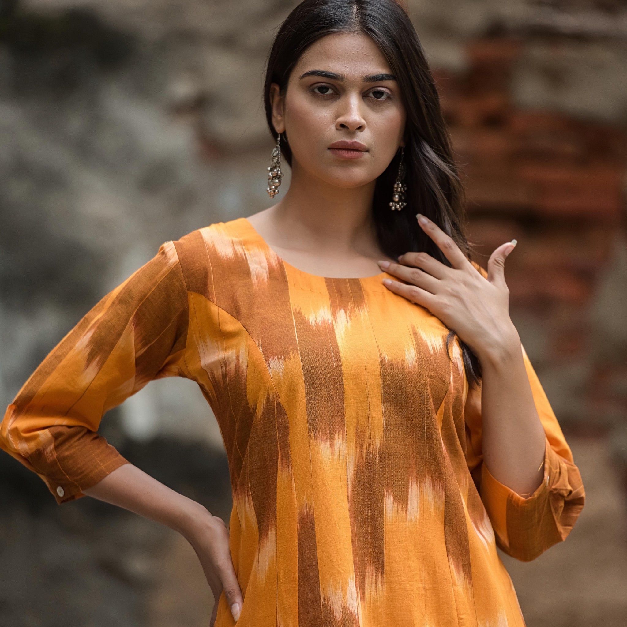 Orange Brown Handloom Ikkat Comfortable A-line dress