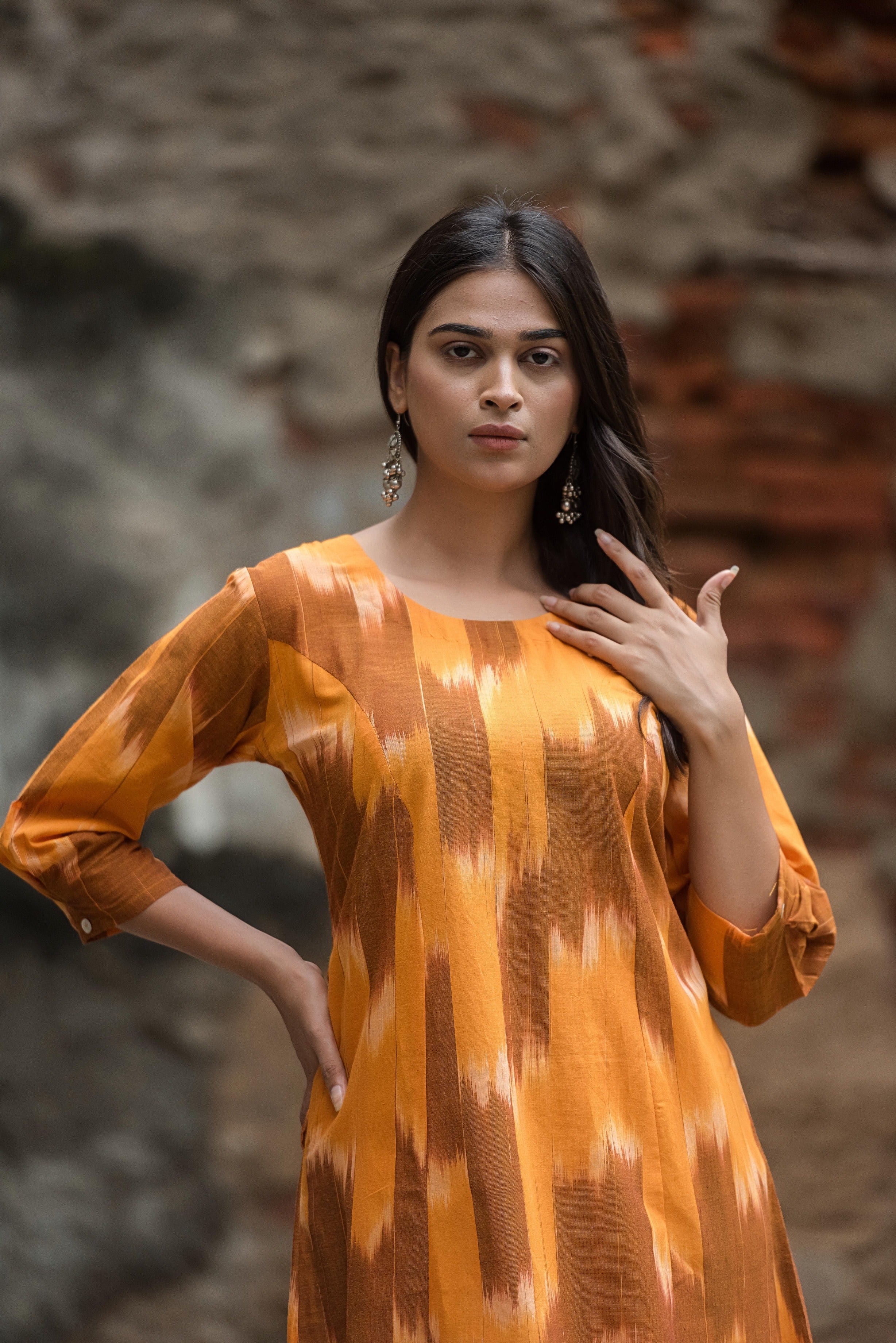 Orange Brown Handloom Ikkat Comfortable A-line dress