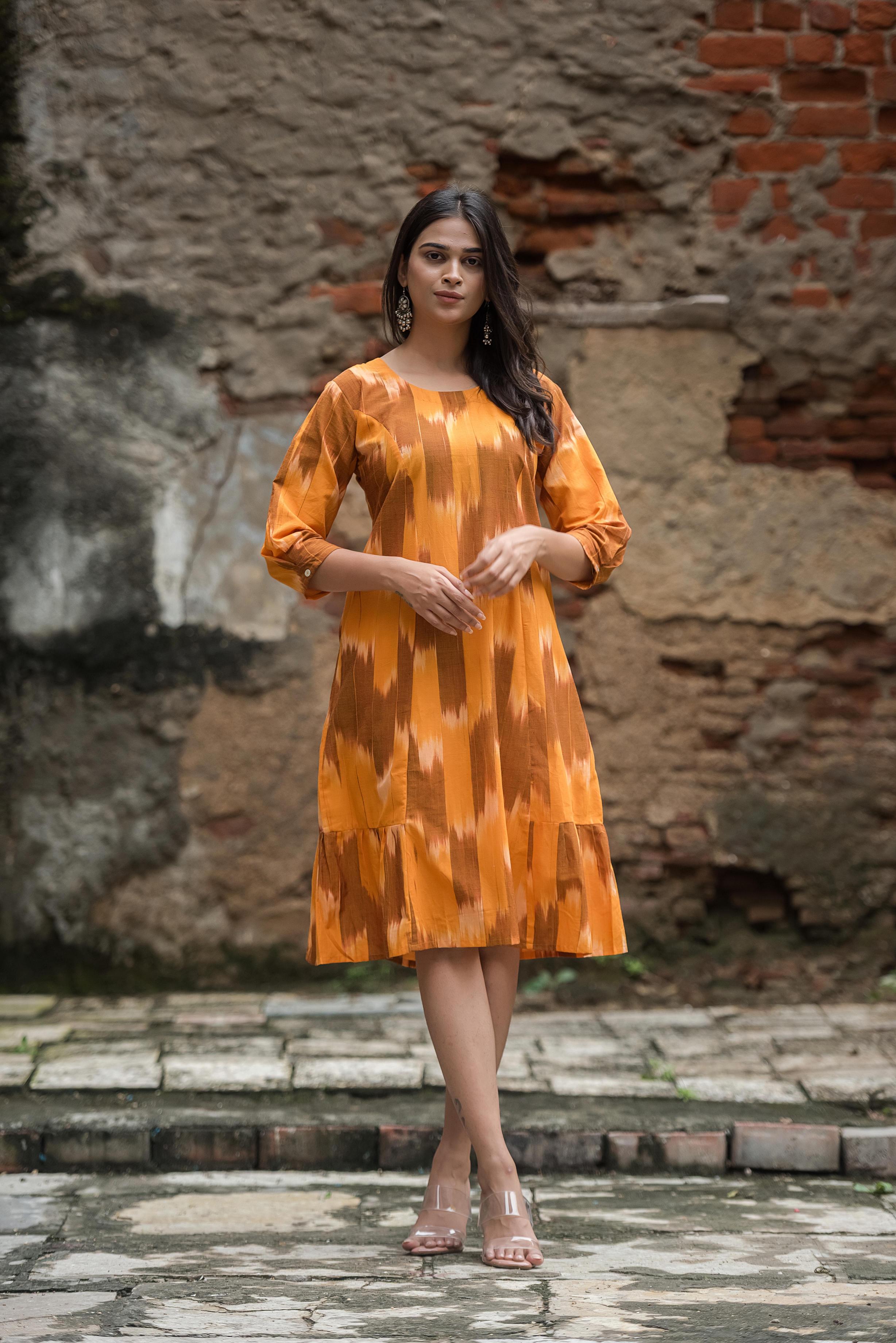 Orange Brown Handloom Ikkat Comfortable A-line dress