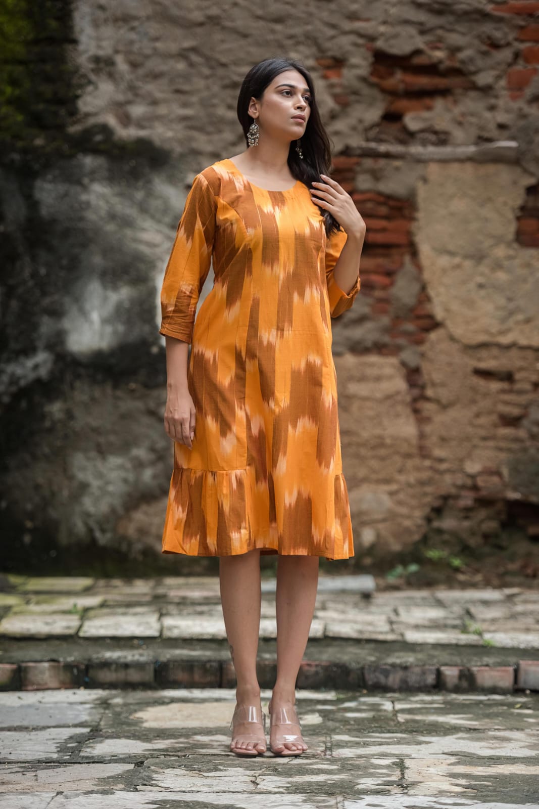 Orange Brown Handloom Ikkat Comfortable A-line dress