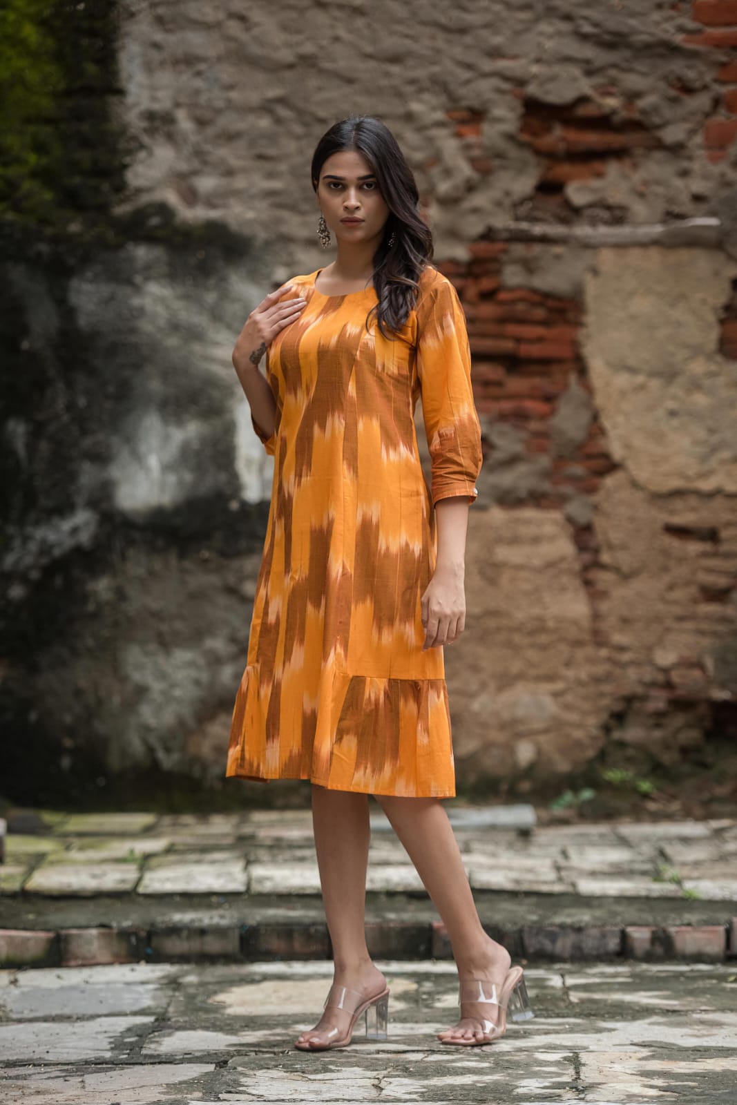 Orange Brown Handloom Ikkat Comfortable A-line dress