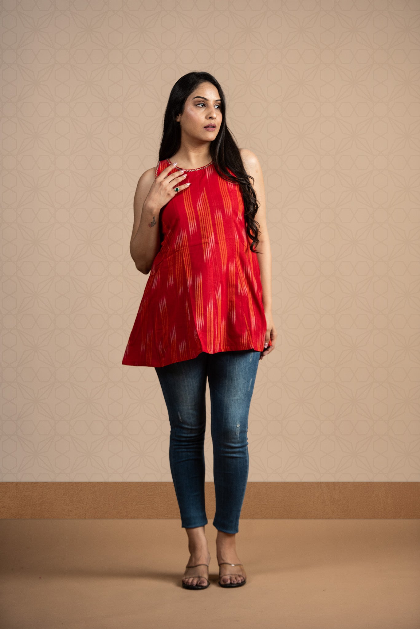 Red Ikkat Haulter 12 Kali Short Kurti