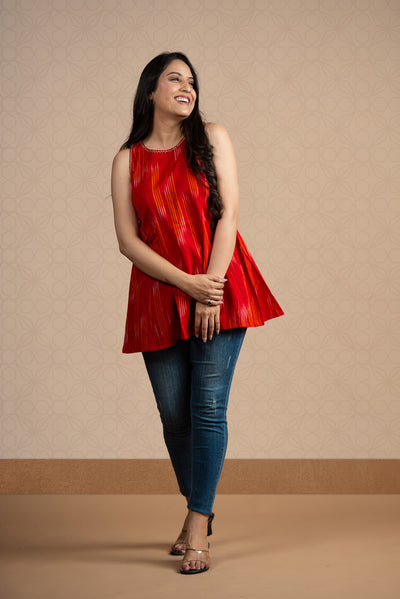Red Ikkat Haulter 12 Kali Short Kurti