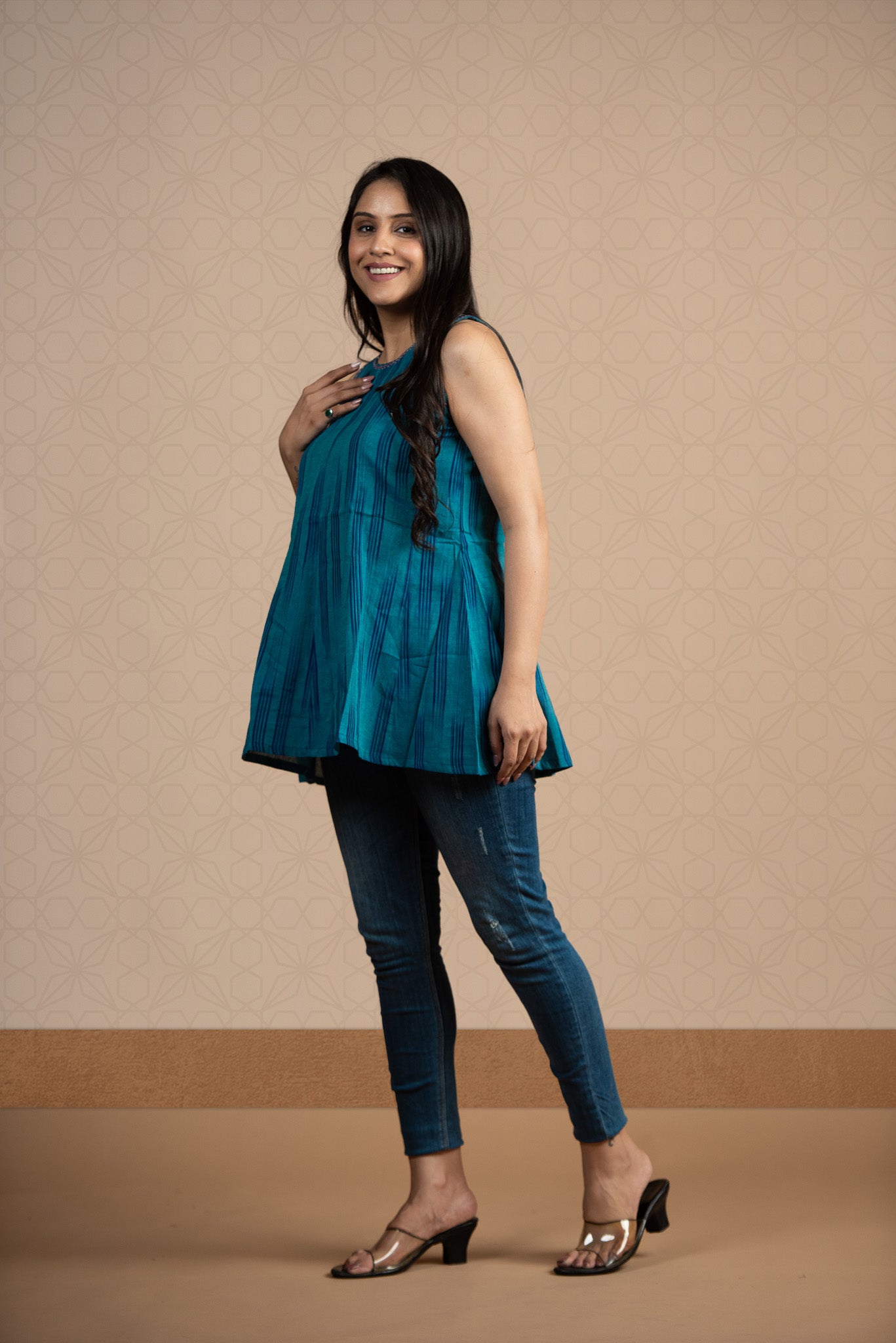 Peacock Blue Ikkat Haulter 12 Kali Short Kurti