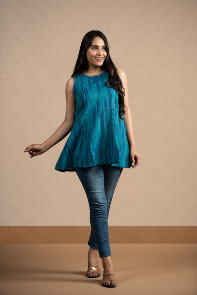 Peacock Blue Ikkat Haulter 12 Kali Short Kurti