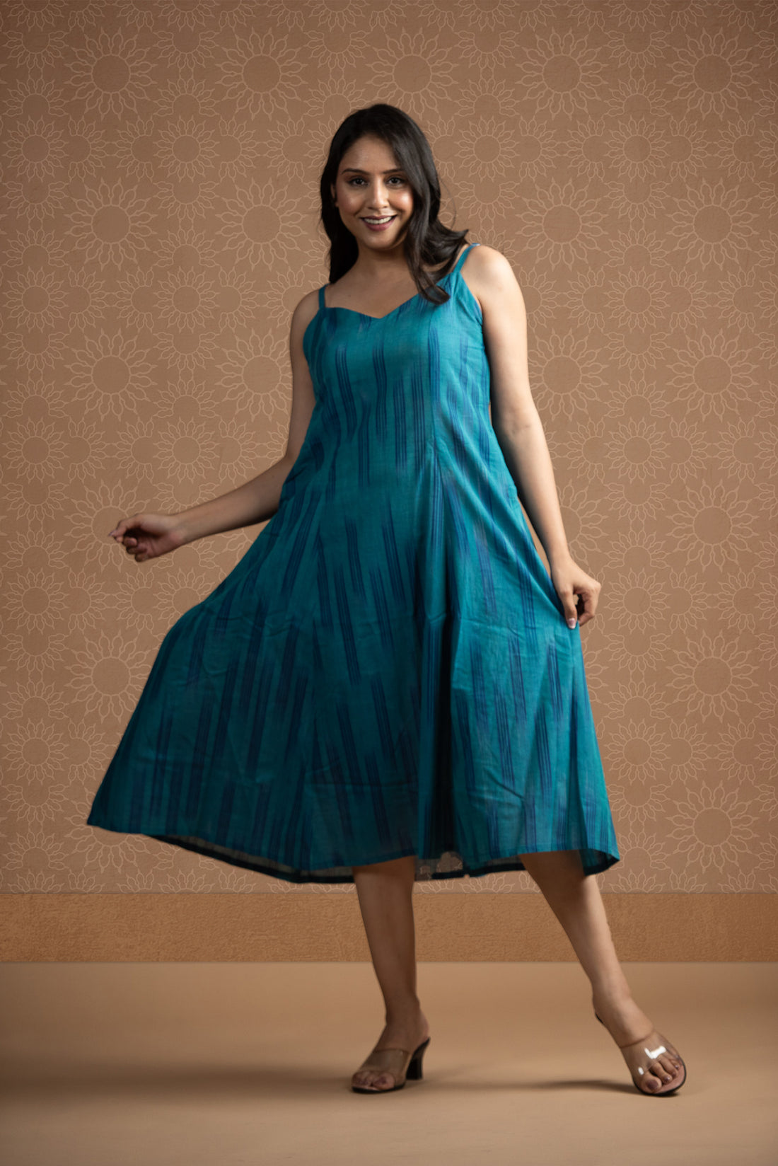 Rama blue Ikkat Spaghetti 6-kali A-line Dress