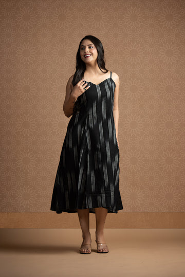 Jet Black Ikkat Spaghetti 6-kali A-line Dress
