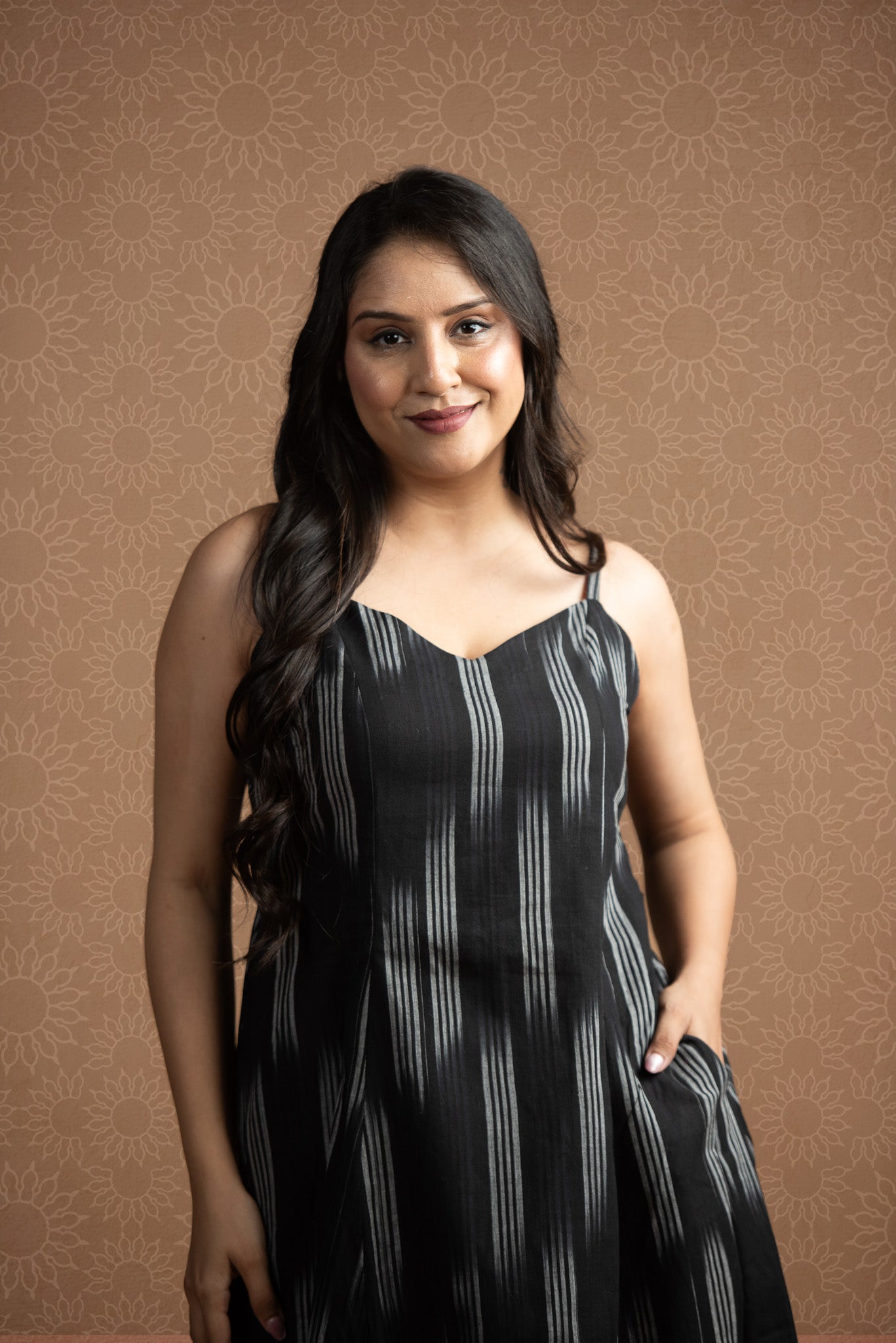 Jet Black Ikkat Spaghetti 6-kali A-line Dress