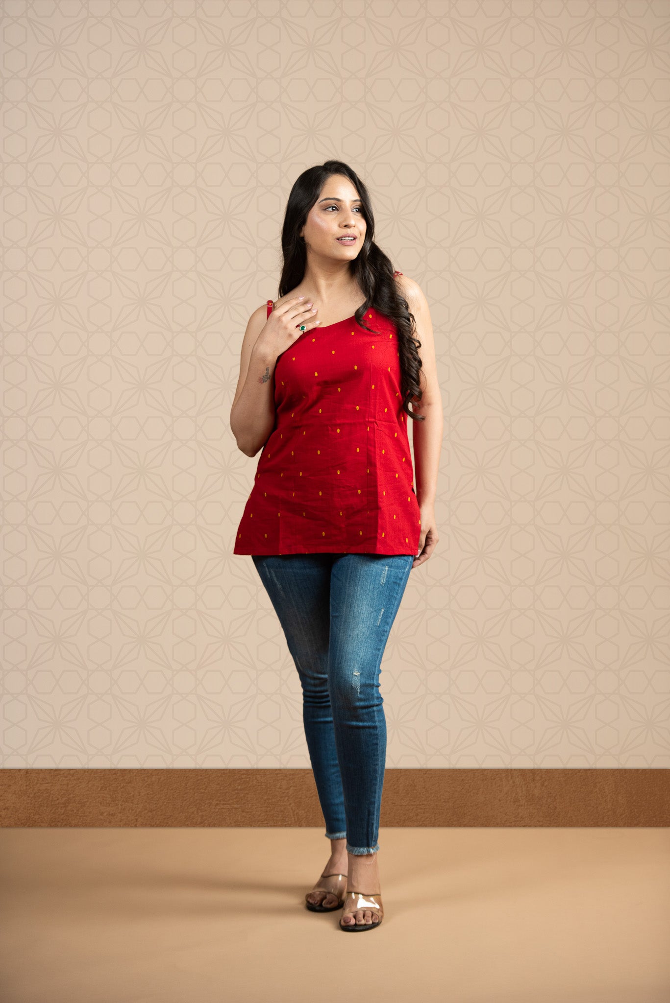 Classic Red Handloom Dobby Spaghetti Short Kurti