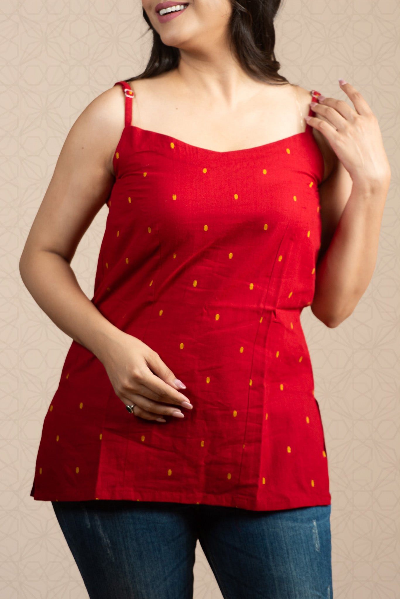 Classic Red Handloom Dobby Spaghetti Short Kurti
