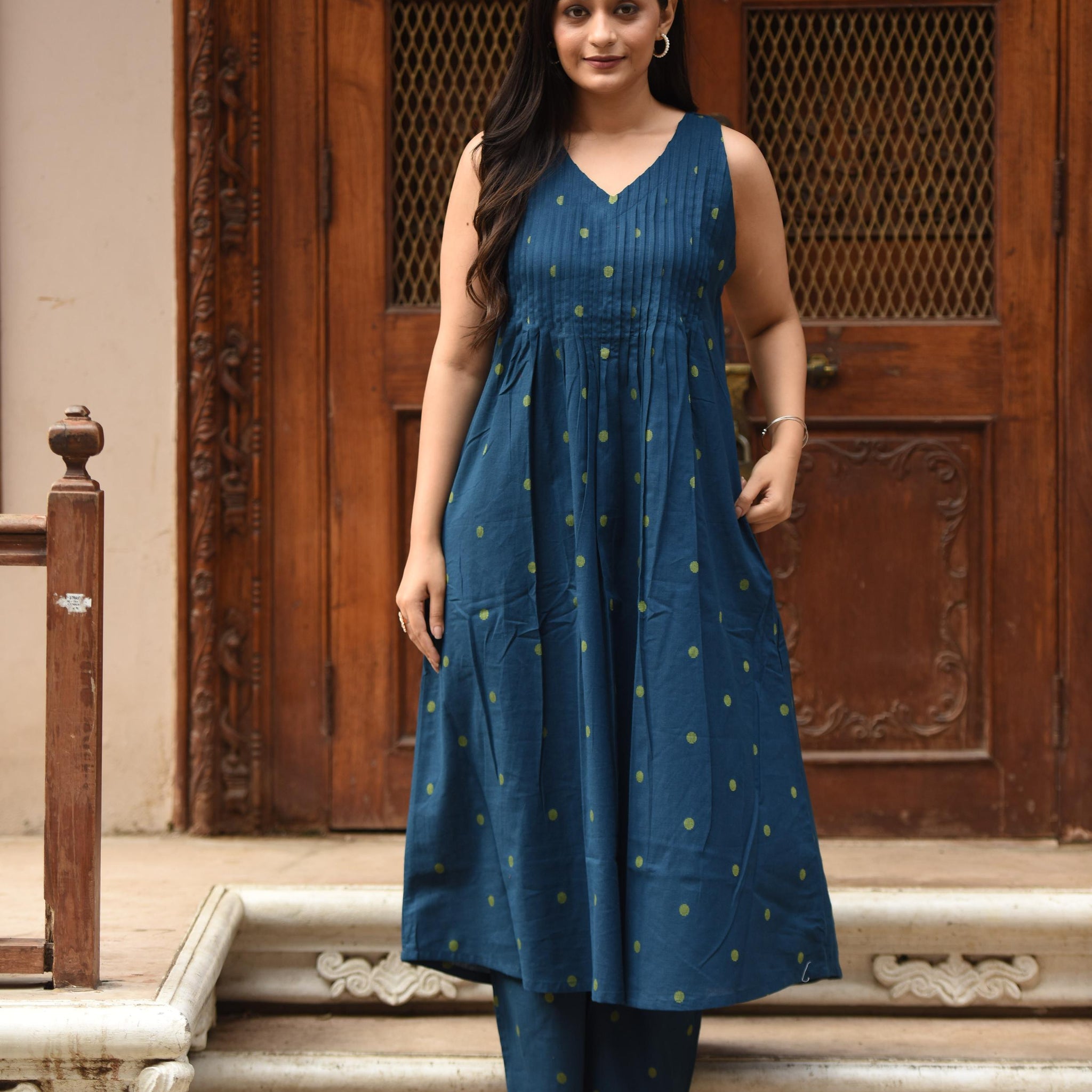 Blue/Golden Cotton Dobby Halter Front Pleated A-line Top & Palazzo