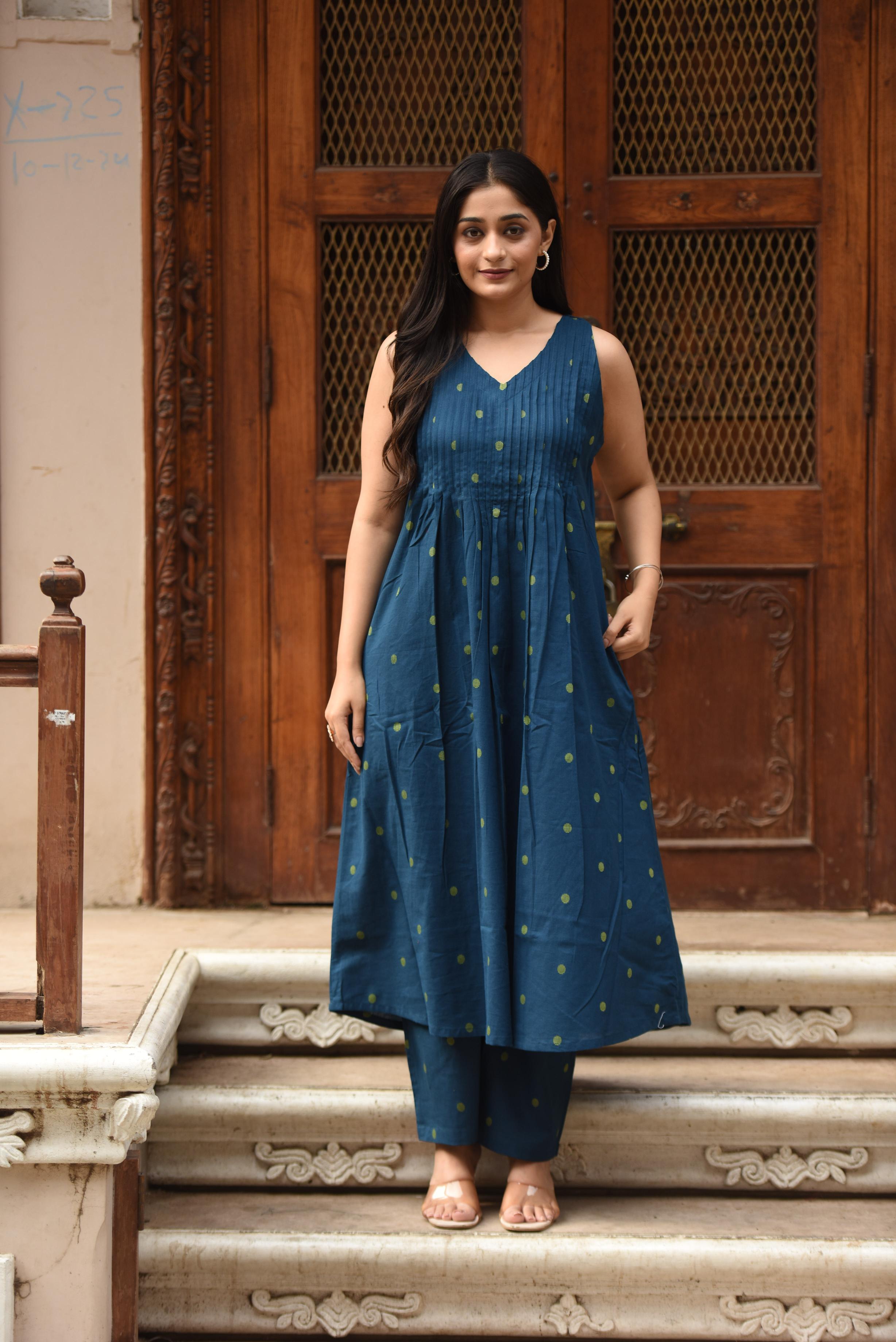 Blue/Golden Cotton Dobby Halter Front Pleated A-line Top & Palazzo