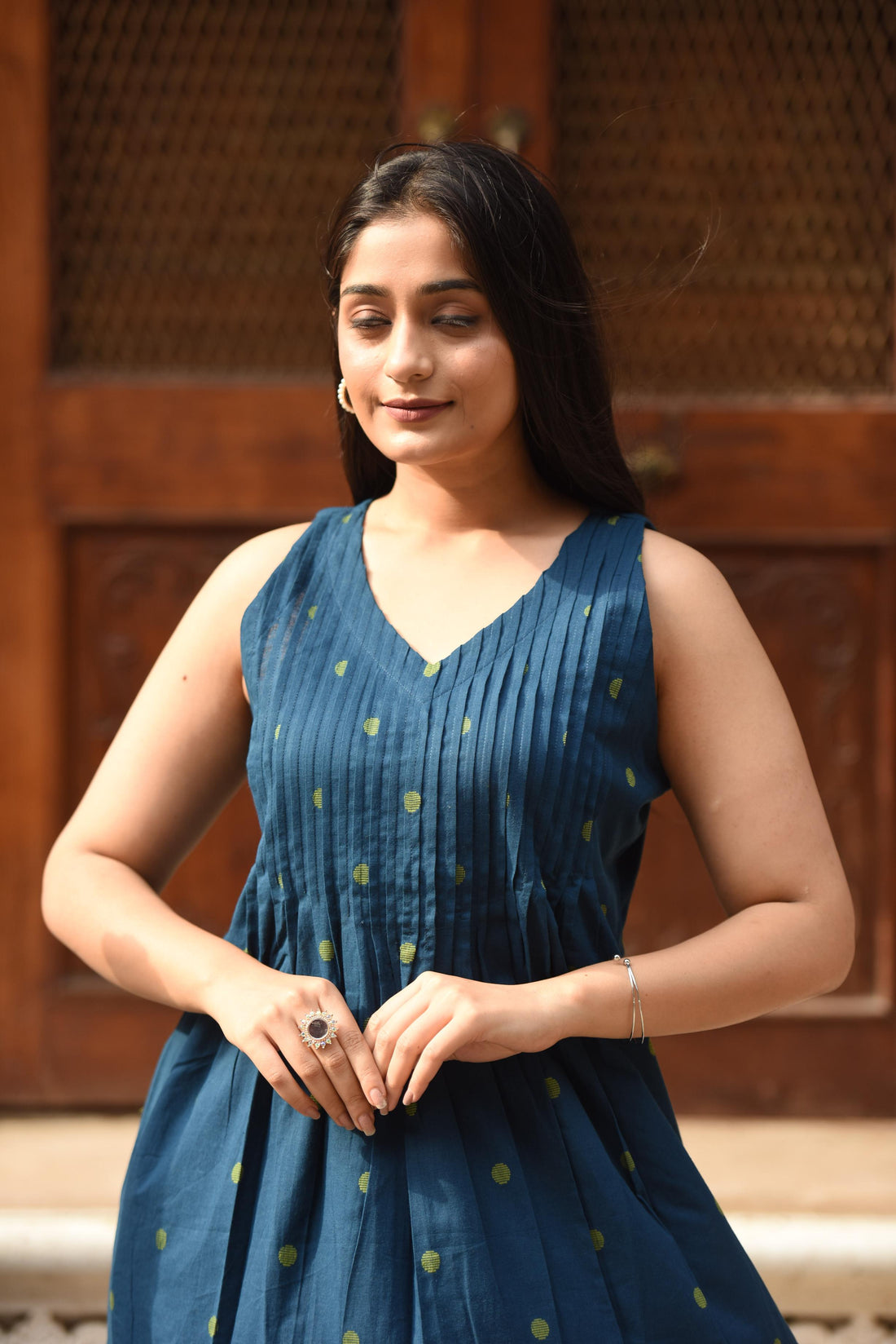 Blue/Golden Cotton Dobby Halter Front Pleated A-line Top & Palazzo