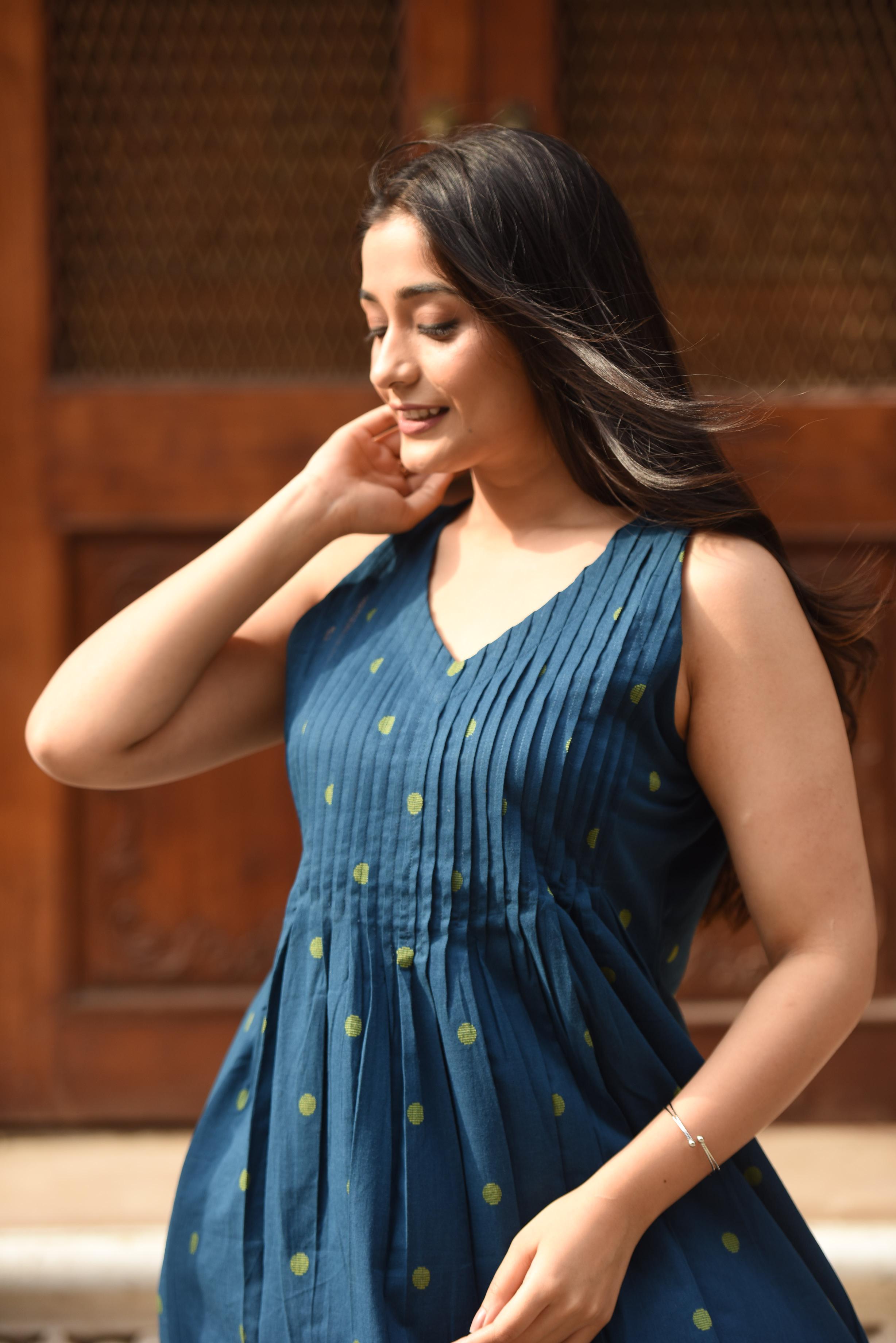 Blue/Golden Cotton Dobby Halter Front Pleated A-line Top & Palazzo