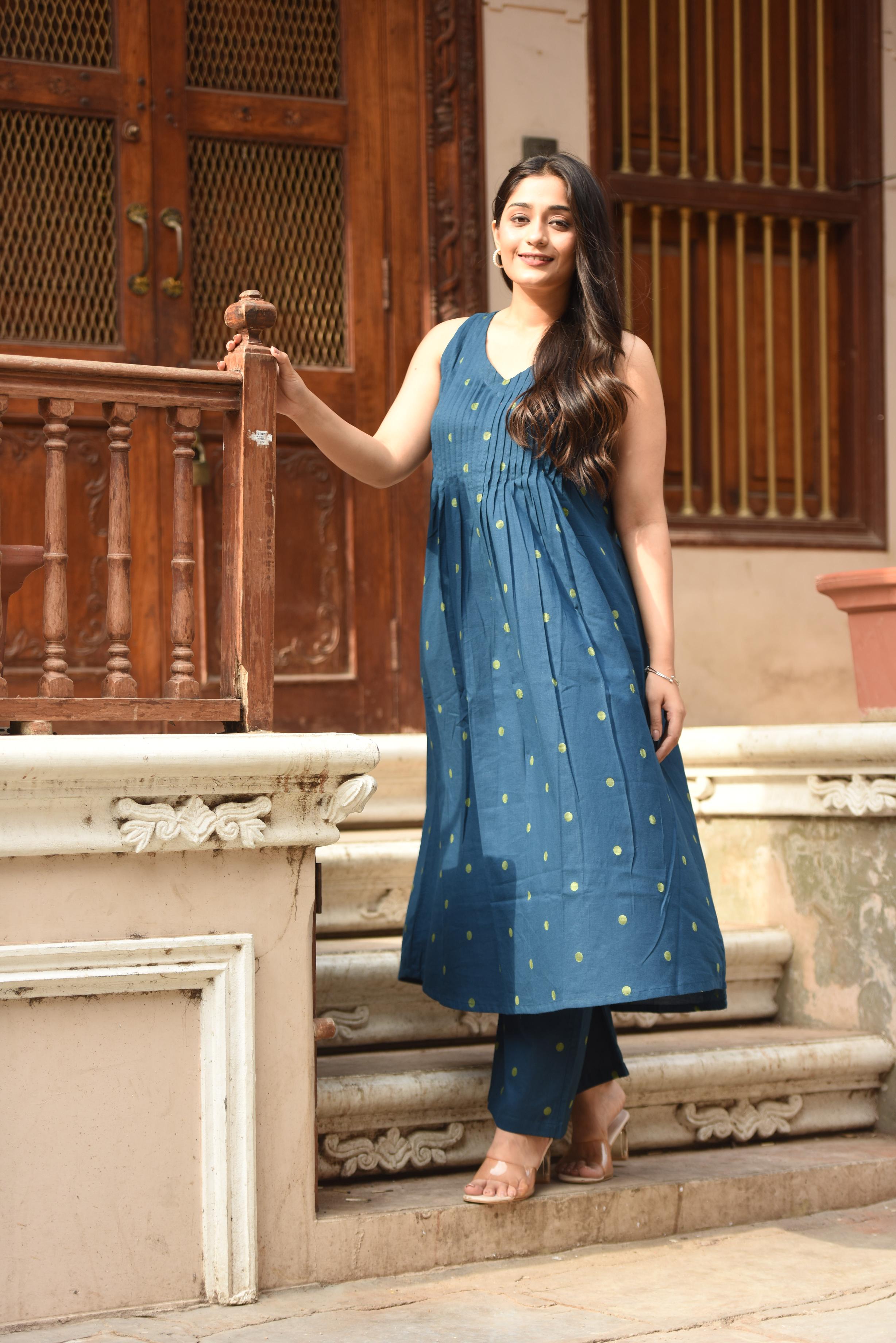 Blue/Golden Cotton Dobby Halter Front Pleated A-line Top & Palazzo