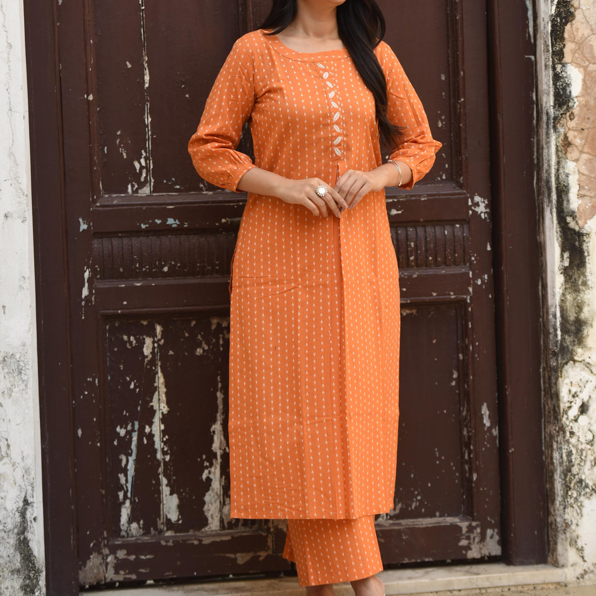 Royal Orange Cotton Dobby Front Box-pleat Kurti And Palazzo