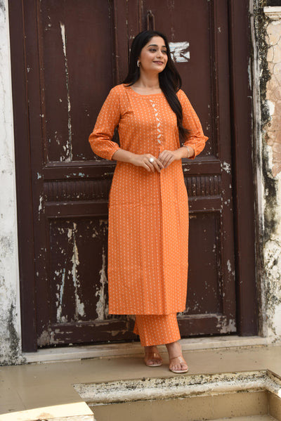 Royal Orange Cotton Dobby Front Box-pleat Kurti And Palazzo
