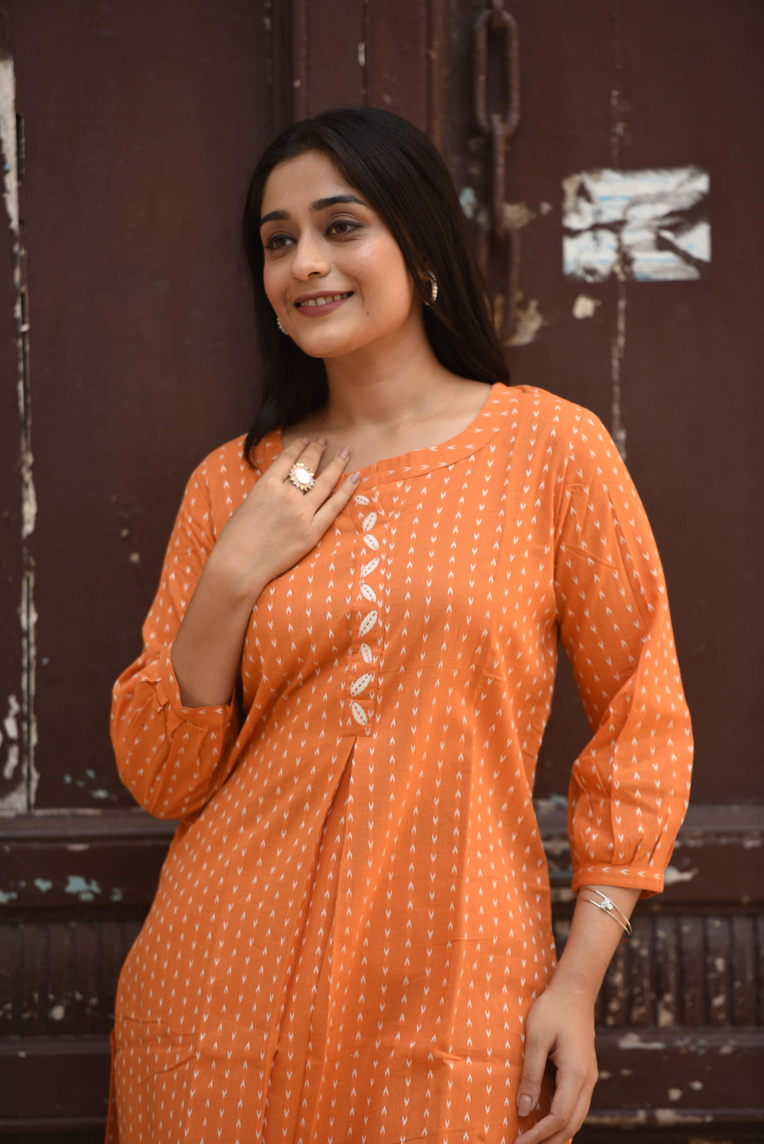 Royal Orange Cotton Dobby Front Box-pleat Kurti And Palazzo
