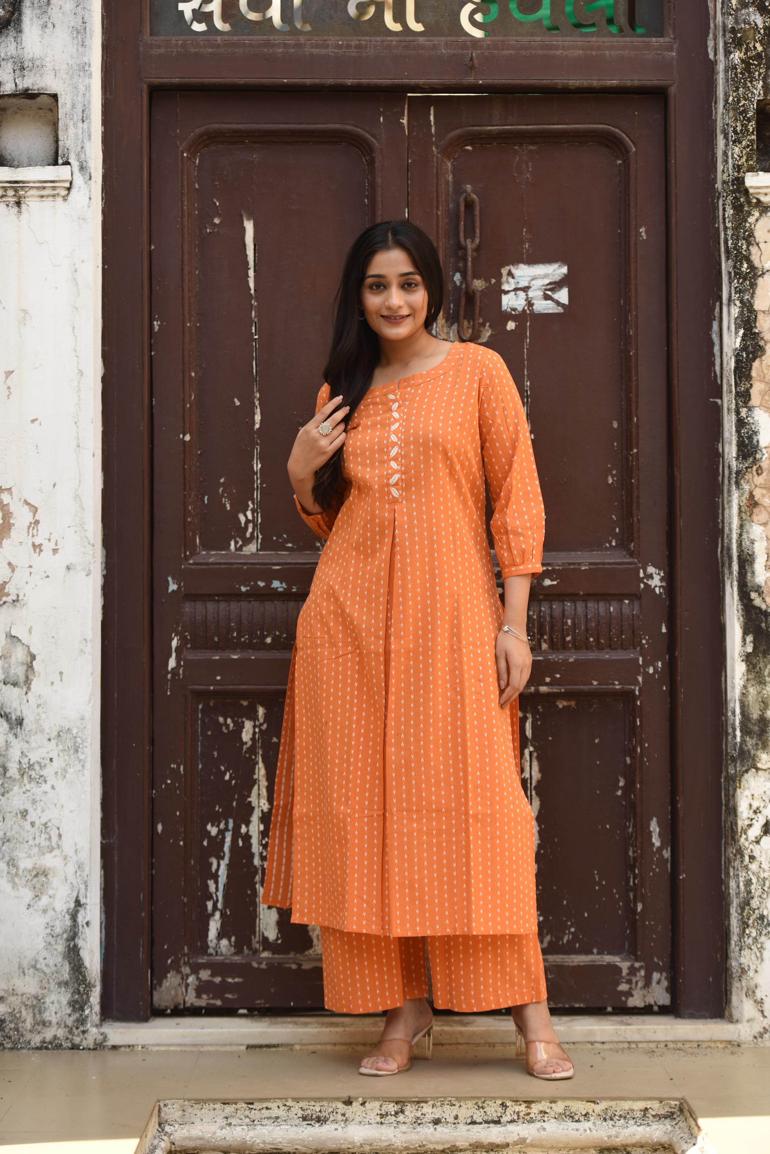 Royal Orange Cotton Dobby Front Box-pleat Kurti And Palazzo