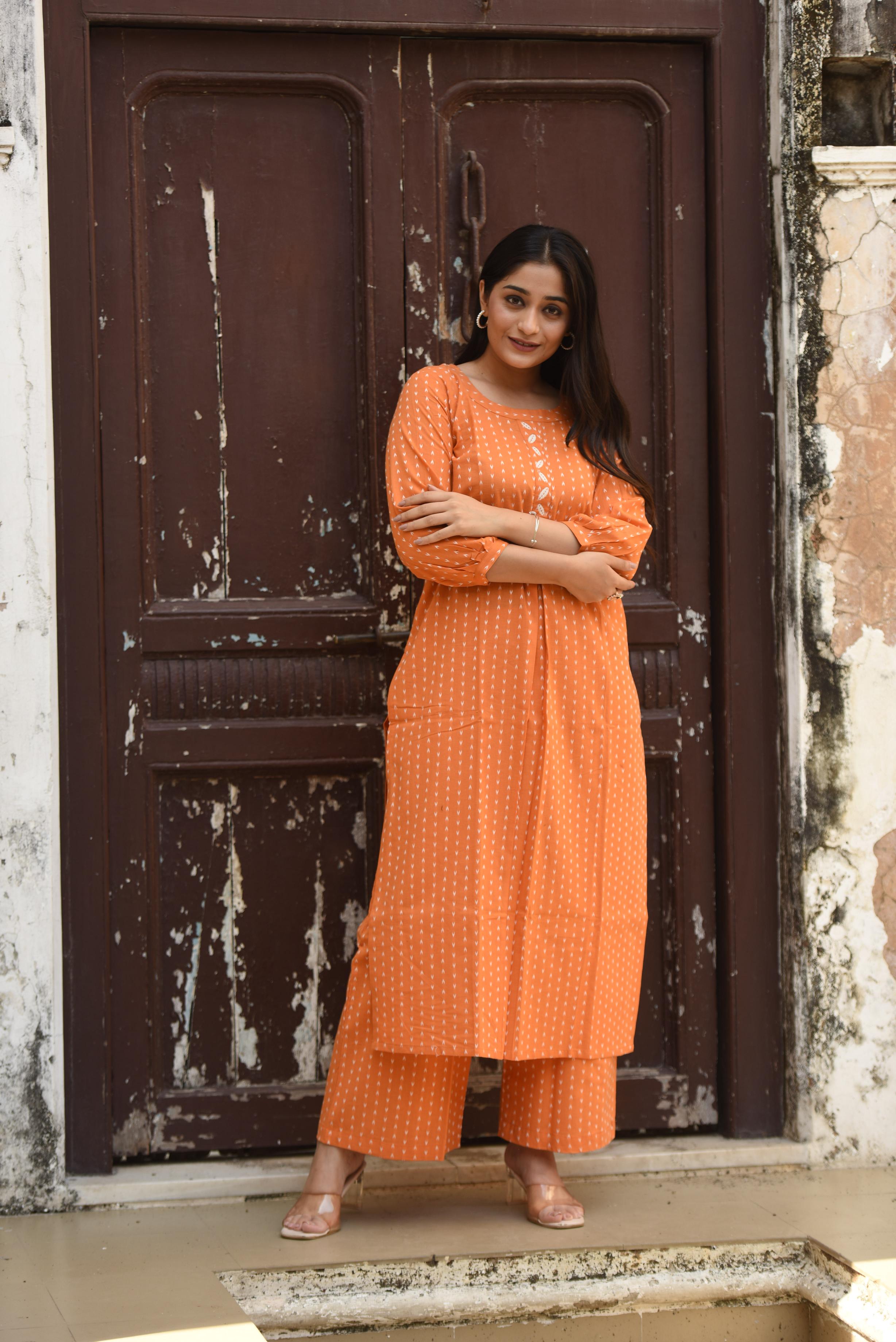 Royal Orange Cotton Dobby Front Box-pleat Kurti And Palazzo