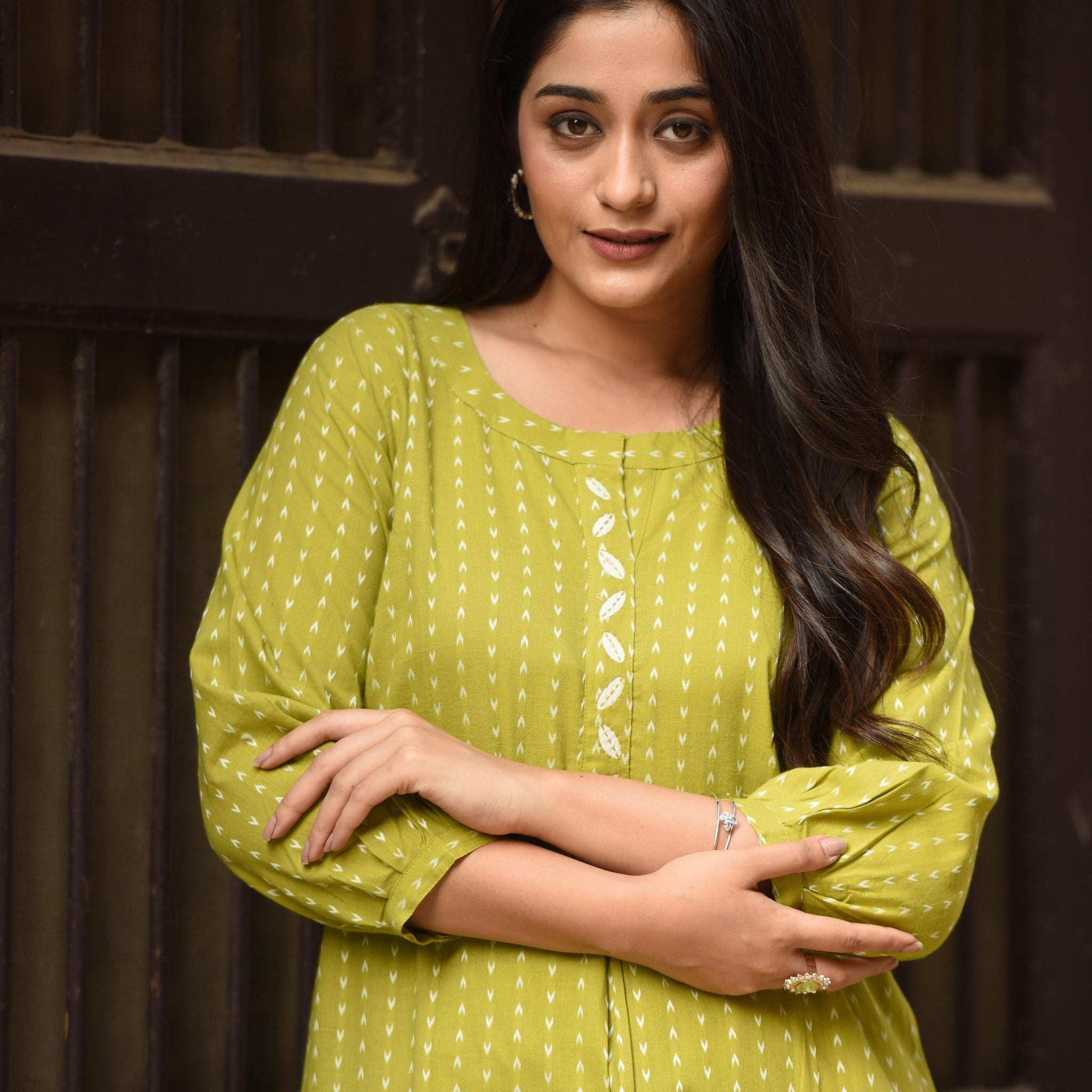 Parrot Green Cotton Dobby Front Box-pleat Kurti And Palazzo