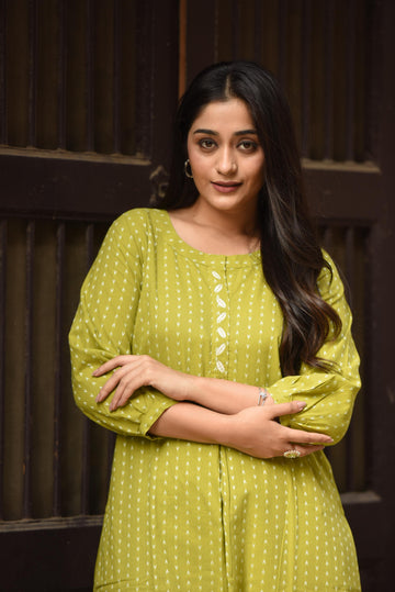 Parrot Green Cotton Dobby Front Box-pleat Kurti And Palazzo