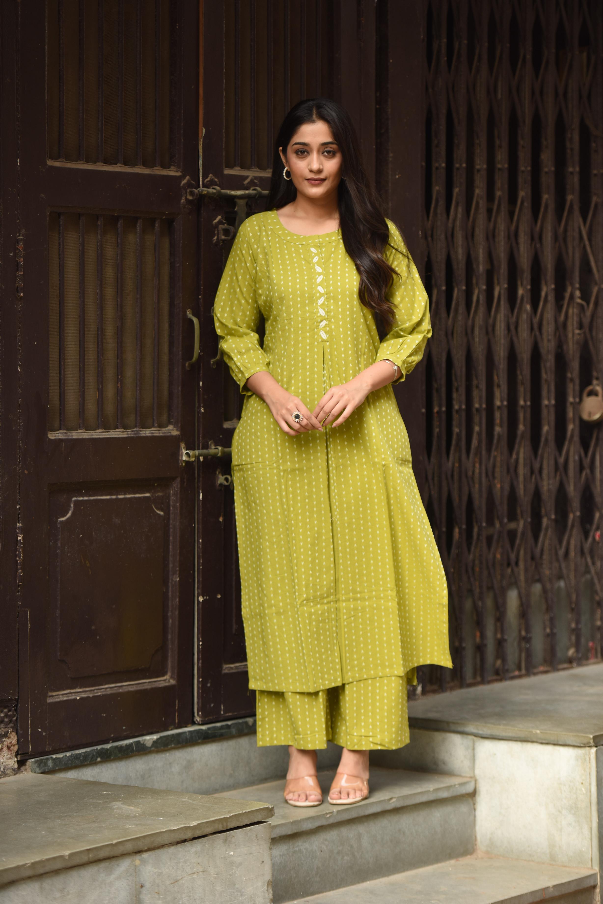 Parrot Green Cotton Dobby Front Box-pleat Kurti And Palazzo