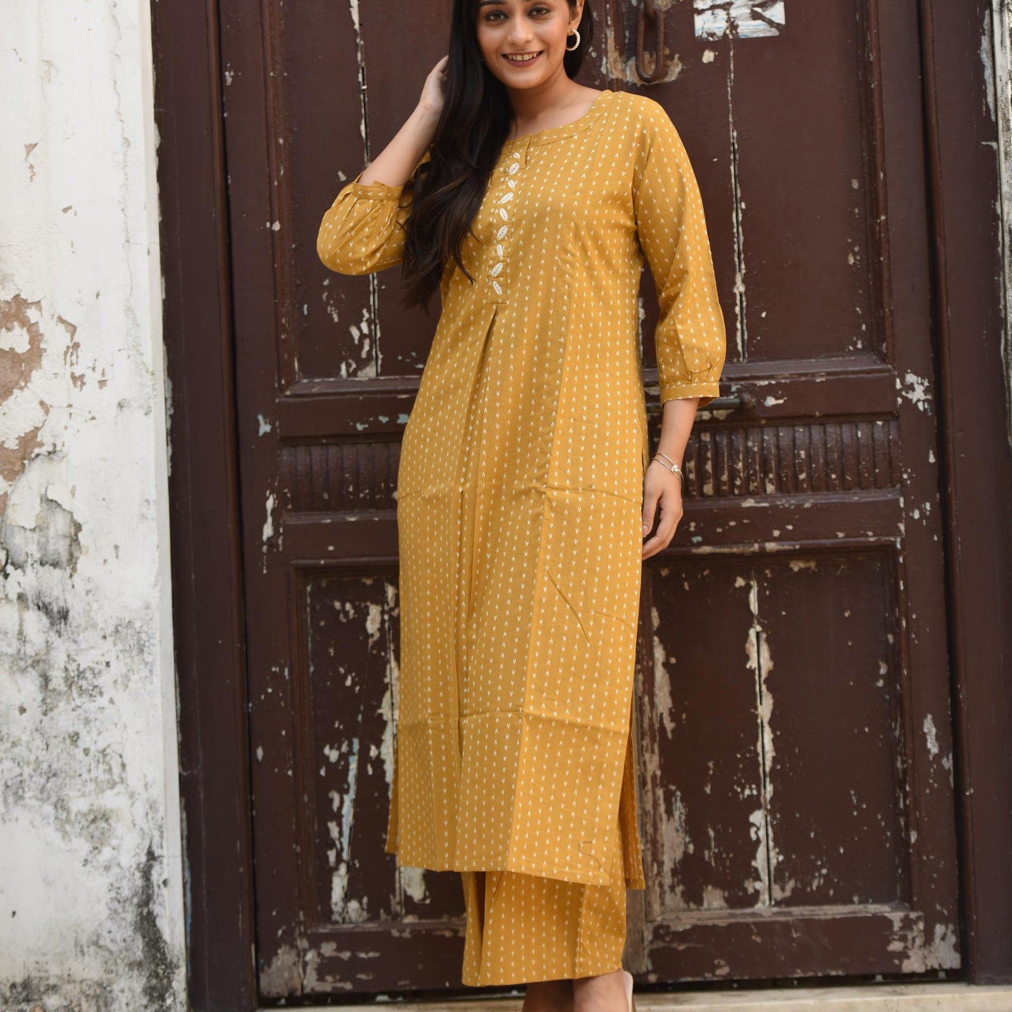 Mustard Yellow Cotton Dobby Front Box-pleat Kurti & Palazzo