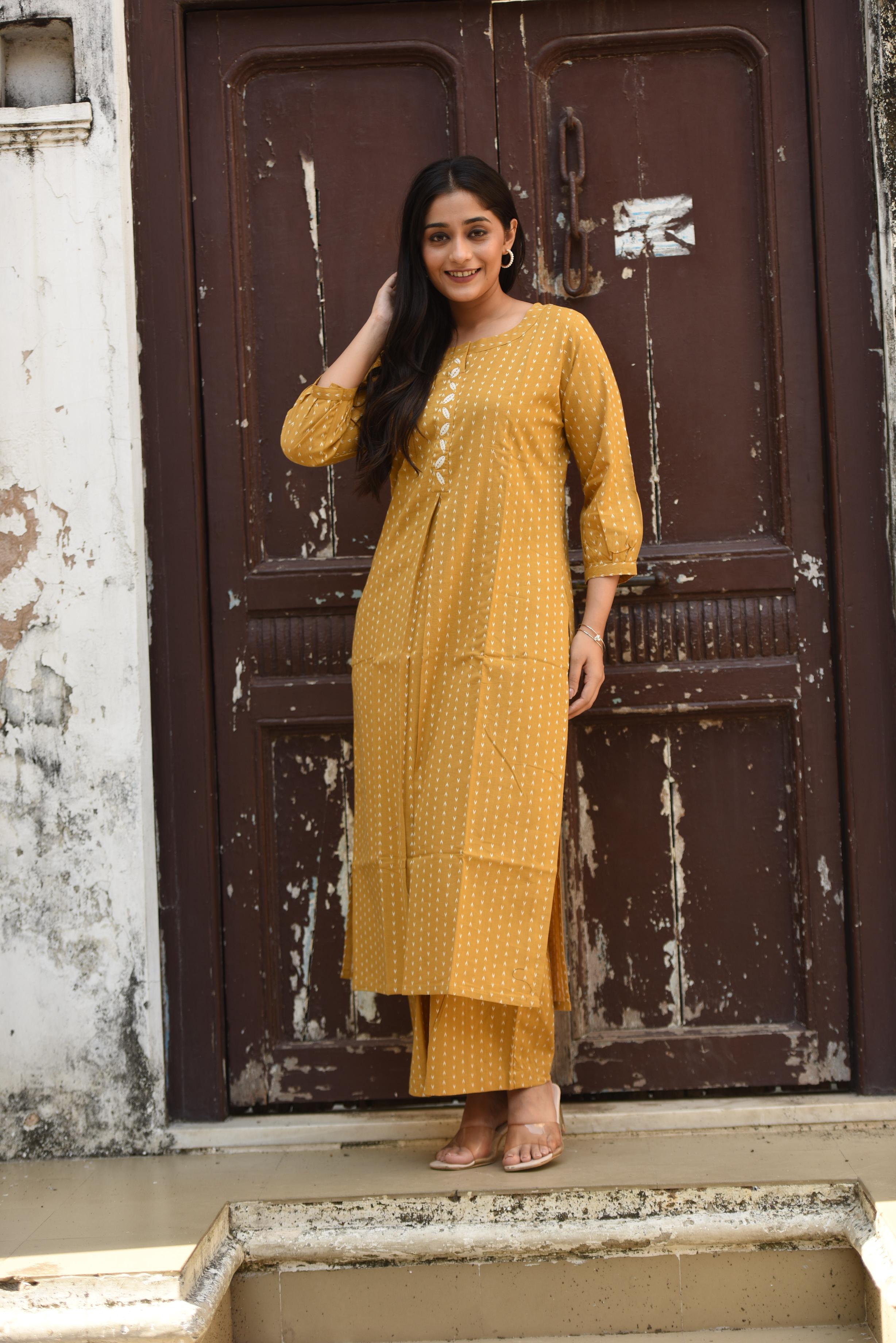 Mustard Yellow Cotton Dobby Front Box-pleat Kurti & Palazzo