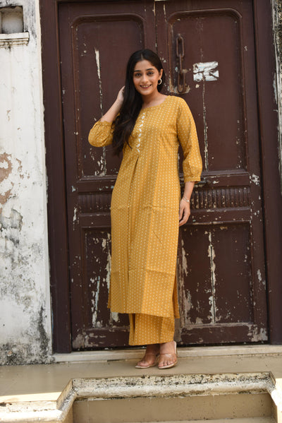 Mustard Yellow Cotton Dobby Front Box-pleat Kurti & Palazzo
