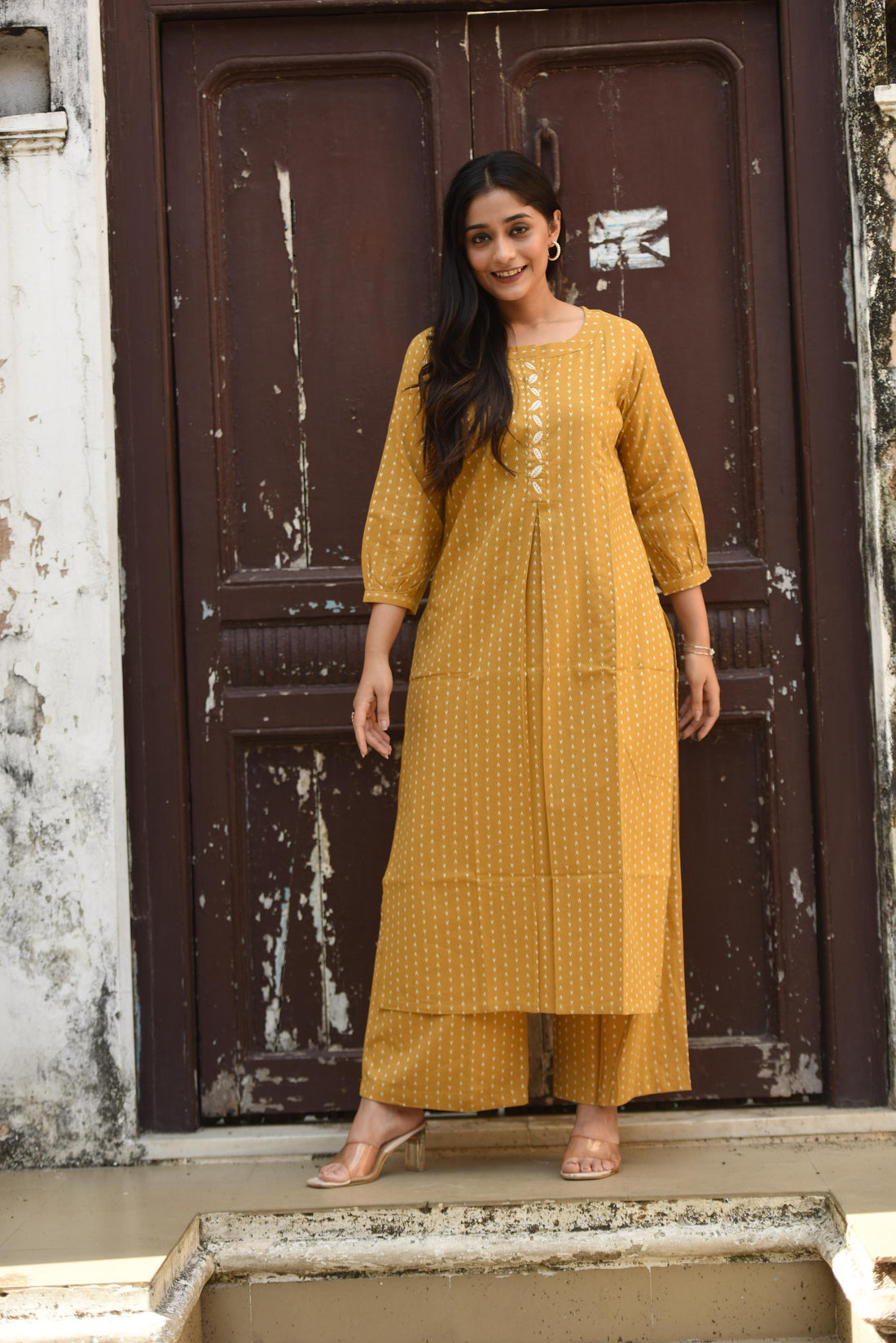 Mustard Yellow Cotton Dobby Front Box-pleat Kurti & Palazzo