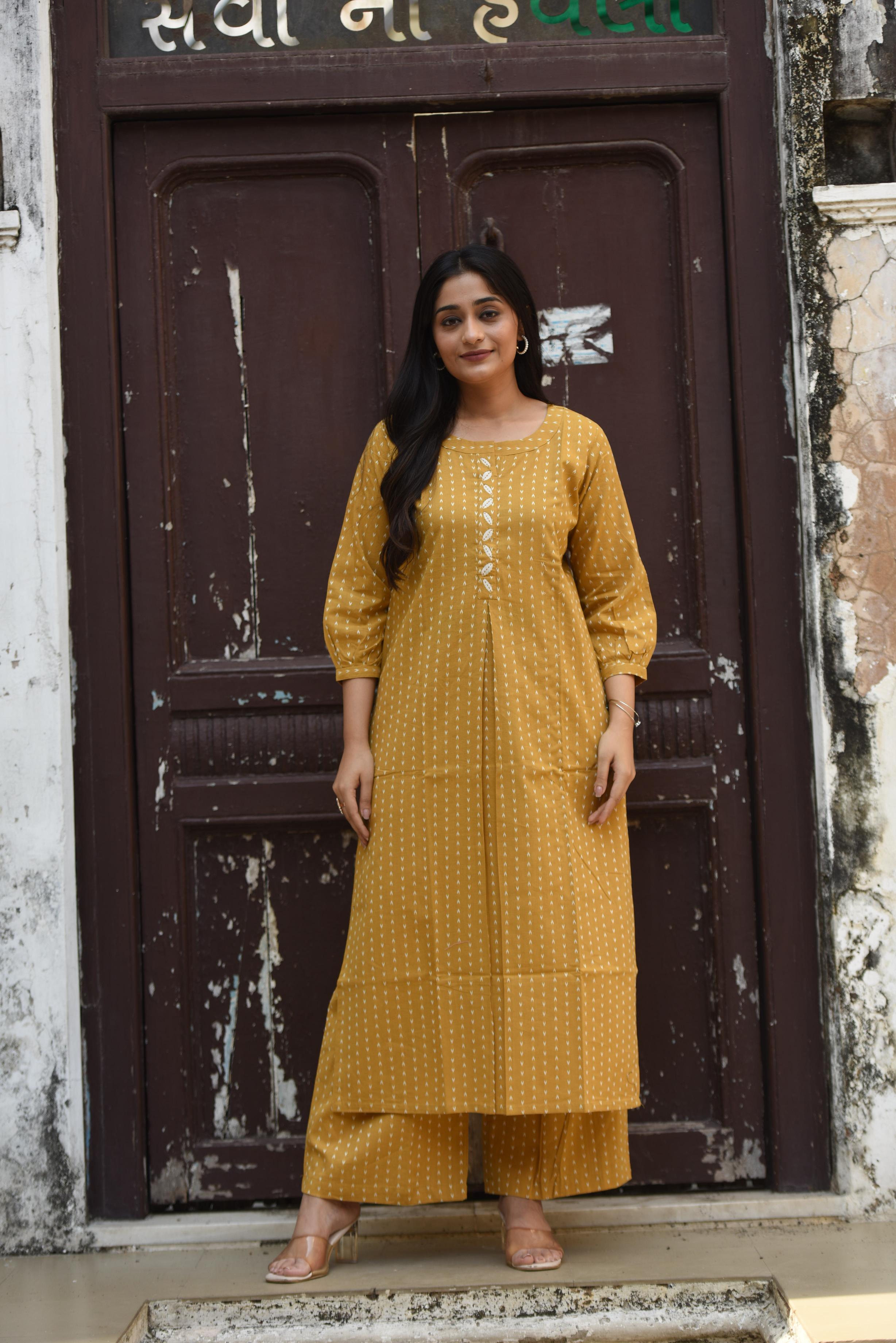 Mustard Yellow Cotton Dobby Front Box-pleat Kurti & Palazzo