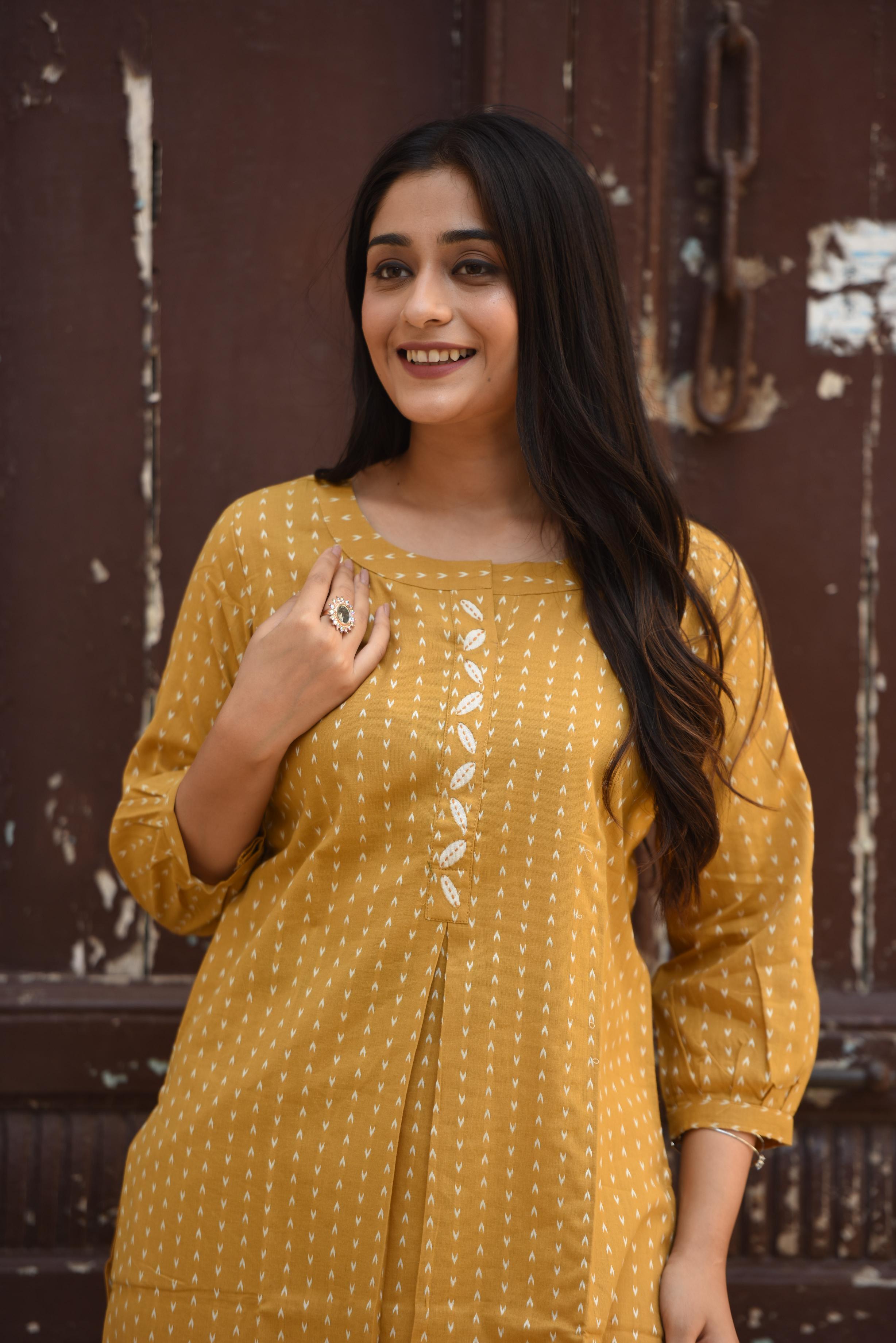 Mustard Yellow Cotton Dobby Front Box-pleat Kurti & Palazzo
