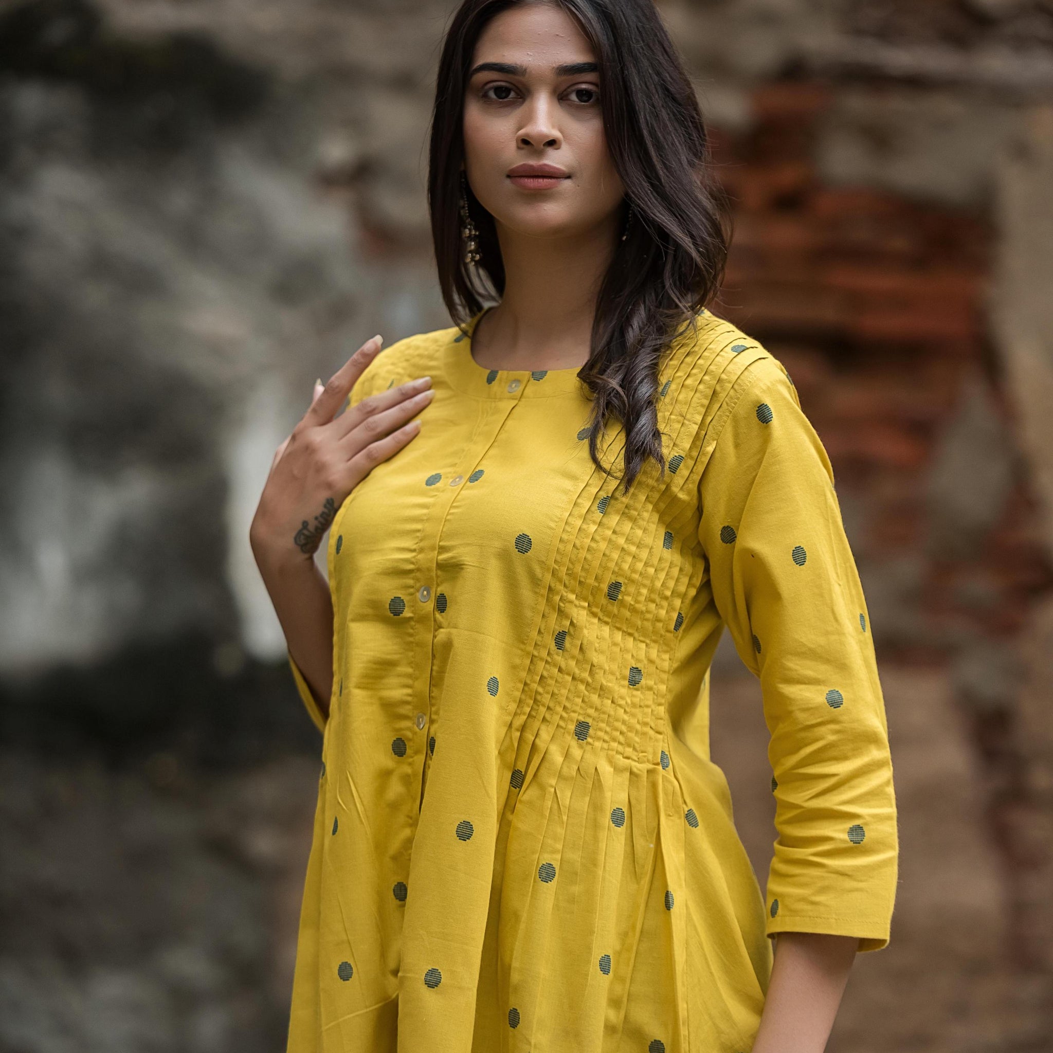 Classic Yellow Cotton Dobby Side Pleated Short Top