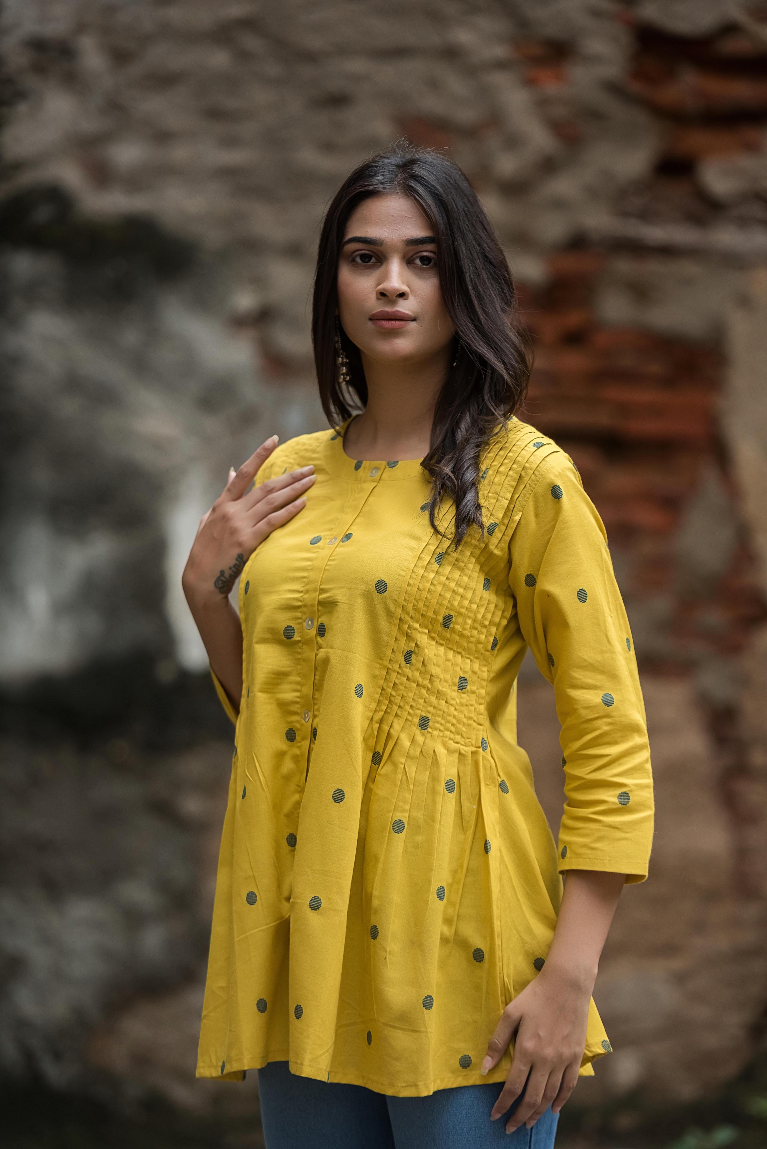 Classic Yellow Cotton Dobby Side Pleated Short Top