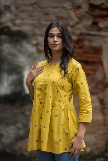 Classic Yellow Cotton Dobby Side Pleated Short Top