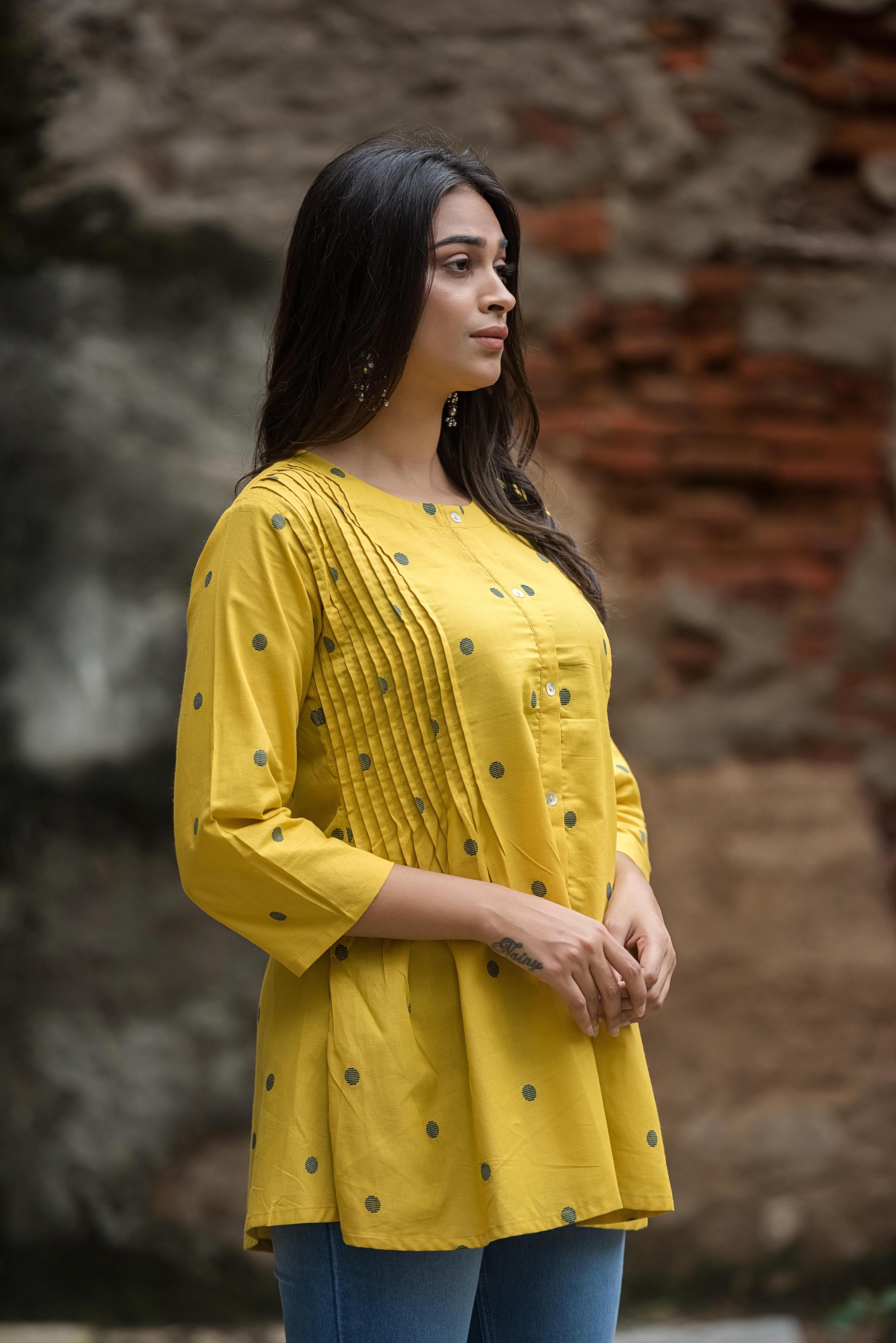 Classic Yellow Cotton Dobby Side Pleated Short Top