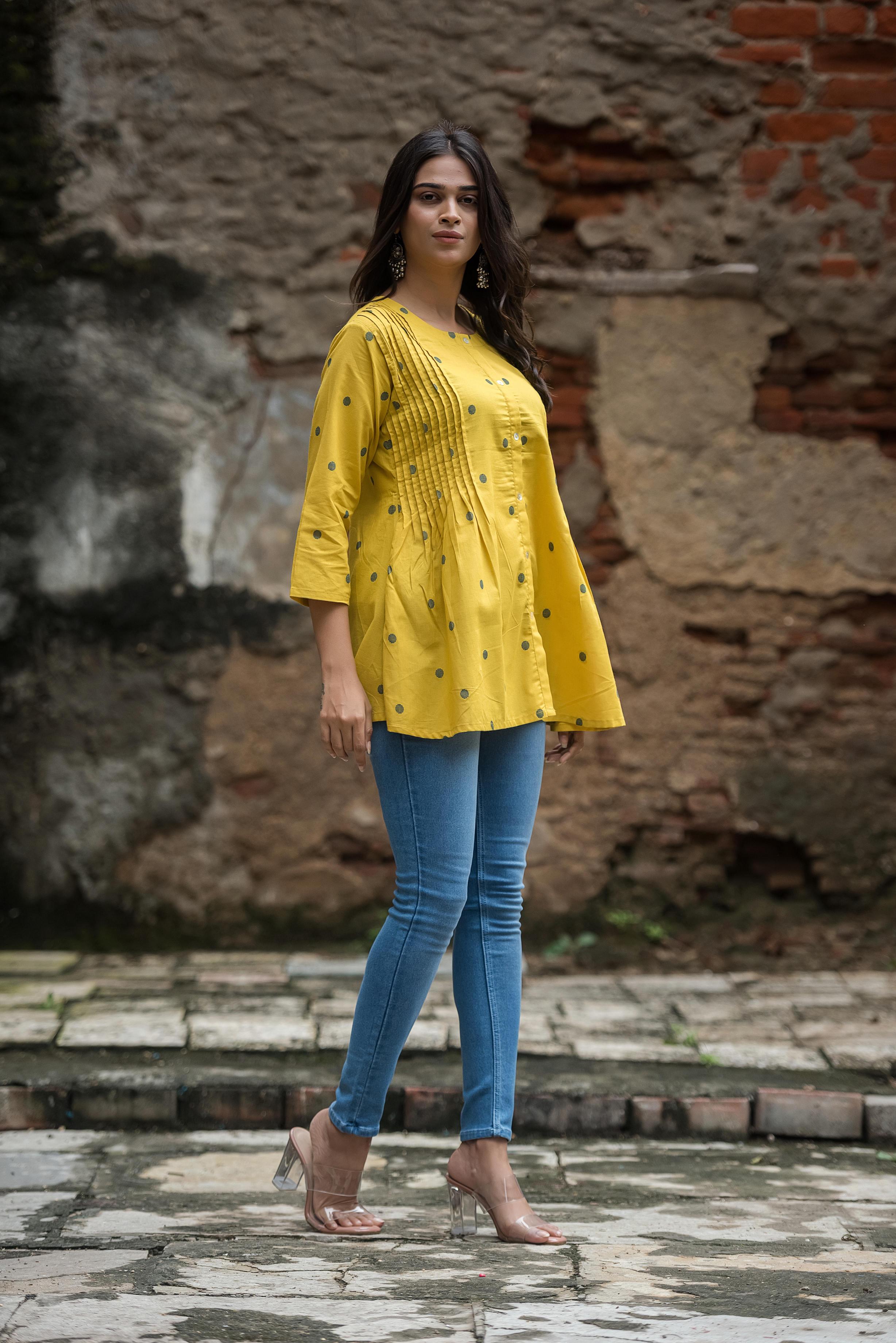 Classic Yellow Cotton Dobby Side Pleated Short Top