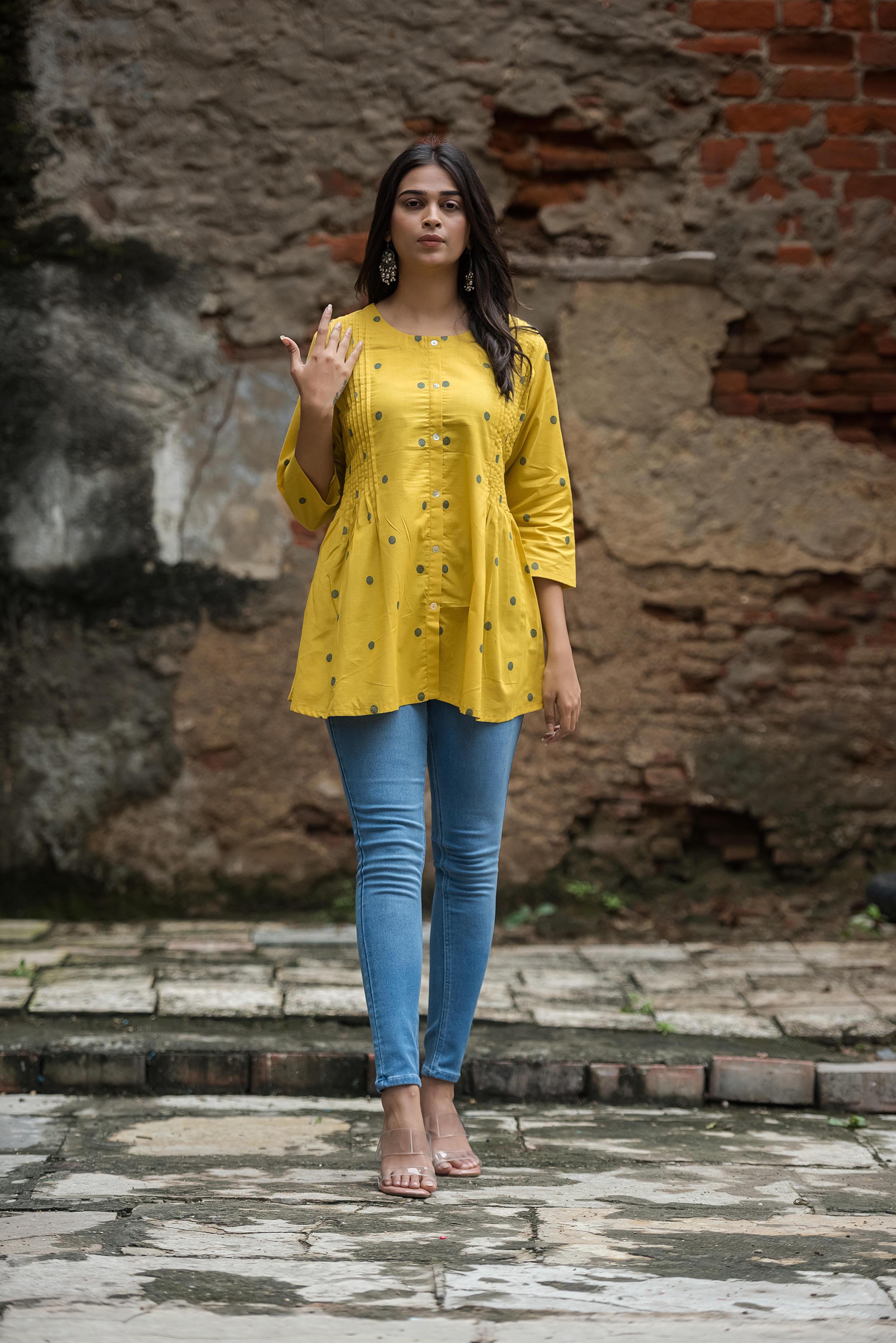 Classic Yellow Cotton Dobby Side Pleated Short Top