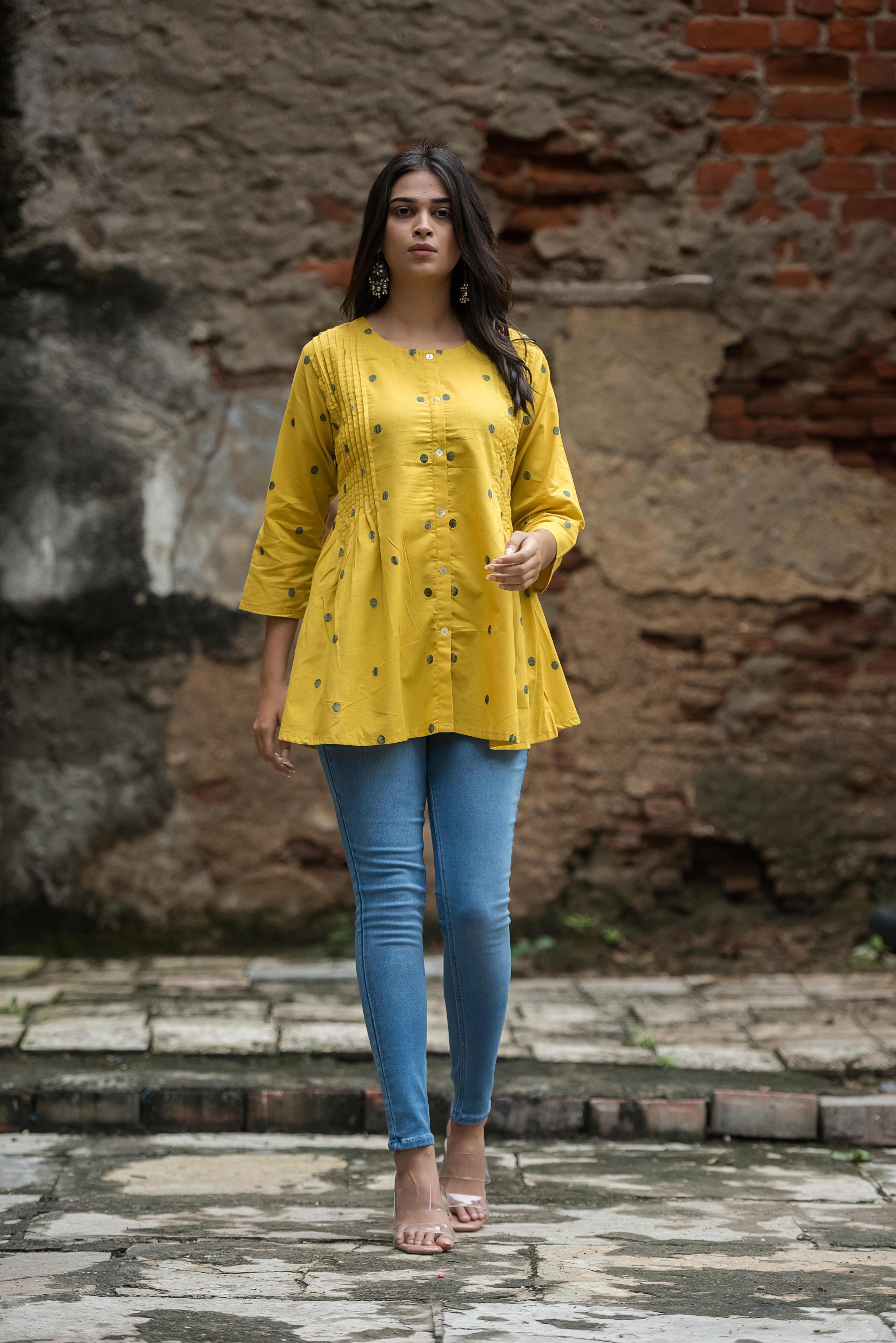 Classic Yellow Cotton Dobby Side Pleated Short Top