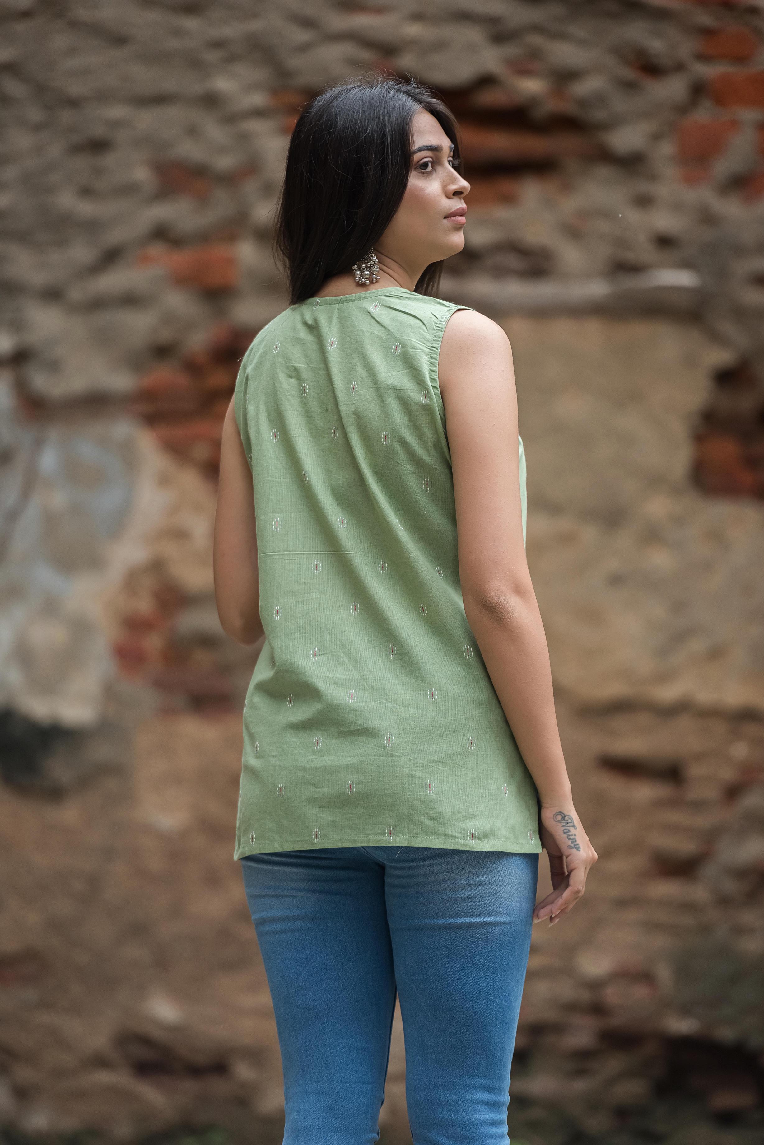Pista Green Cotton Dobby Sleeveless Overlap Short kurti