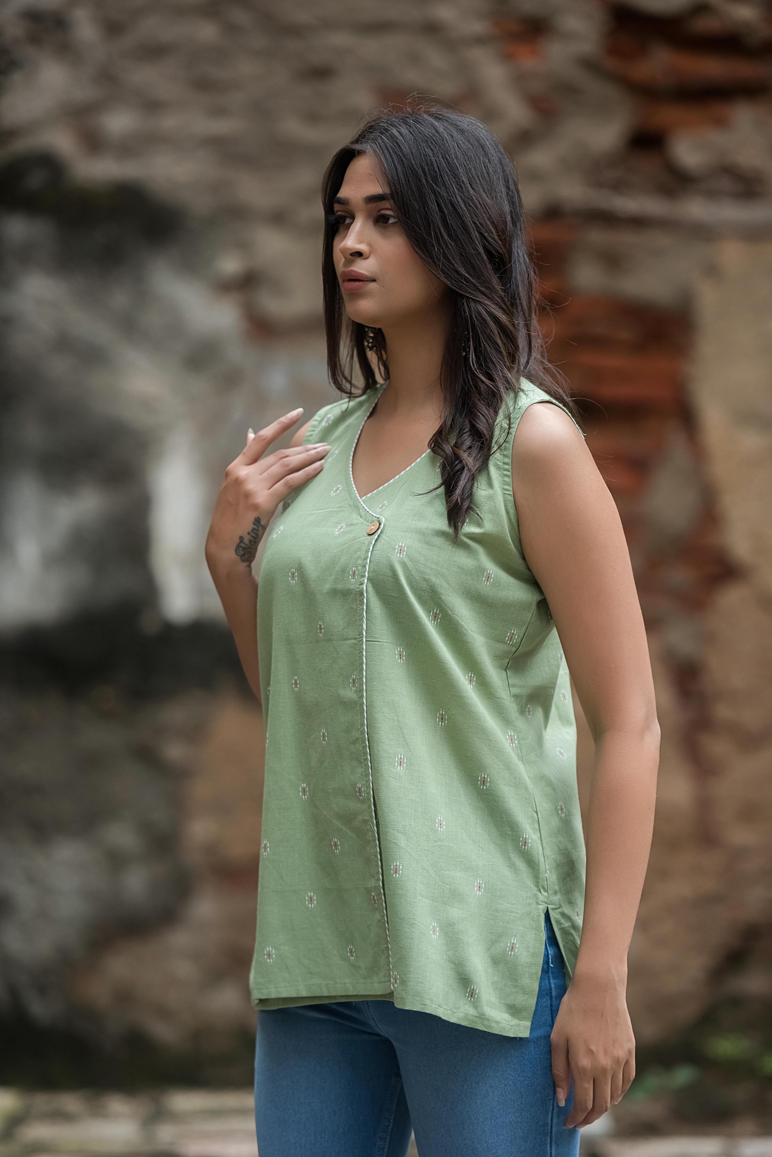 Pista Green Cotton Dobby Sleeveless Overlap Short kurti