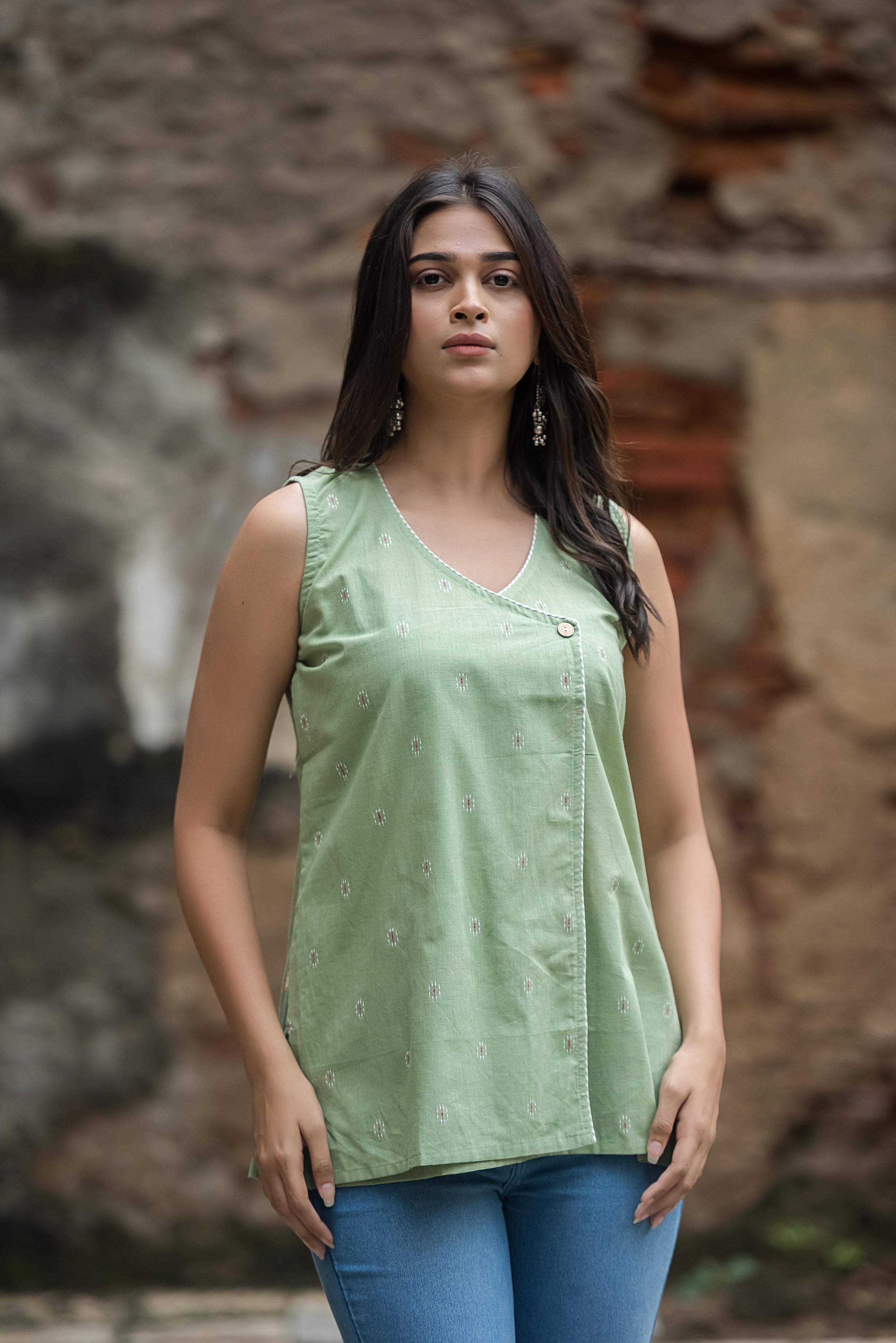 Pista Green Cotton Dobby Sleeveless Overlap Short kurti