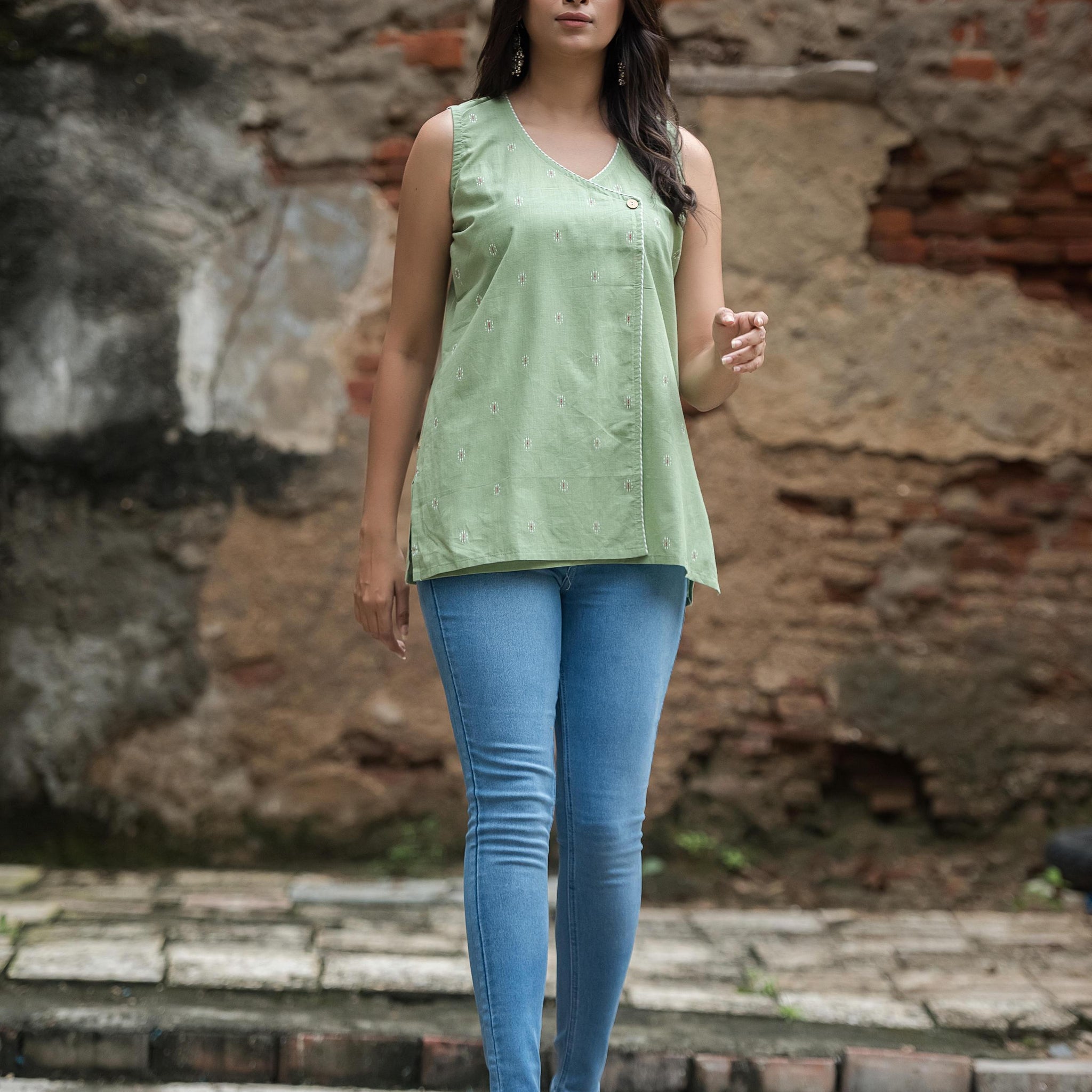 Pista Green Cotton Dobby Sleeveless Overlap Short kurti