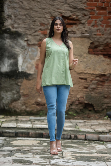 Pista Green Cotton Dobby Sleeveless Overlap Short kurti