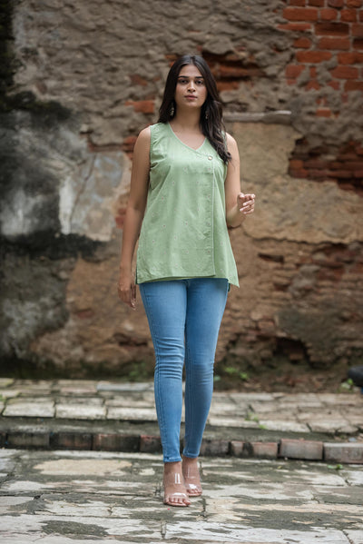 Pista Green Cotton Dobby Sleeveless Overlap Short kurti