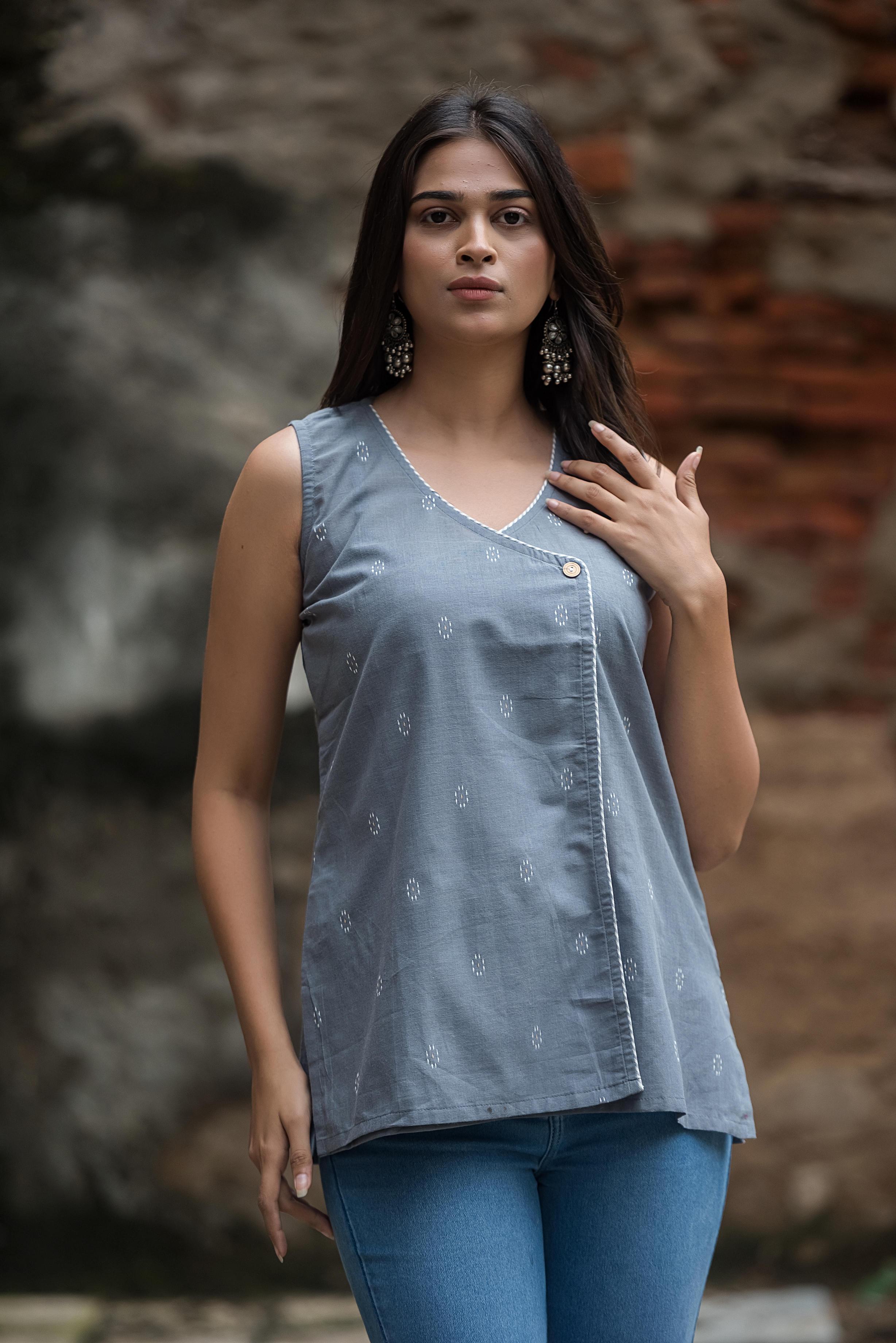 Light Grey Cotton Dobby Sleeveless Overlap Short Top – Abha Ethnic