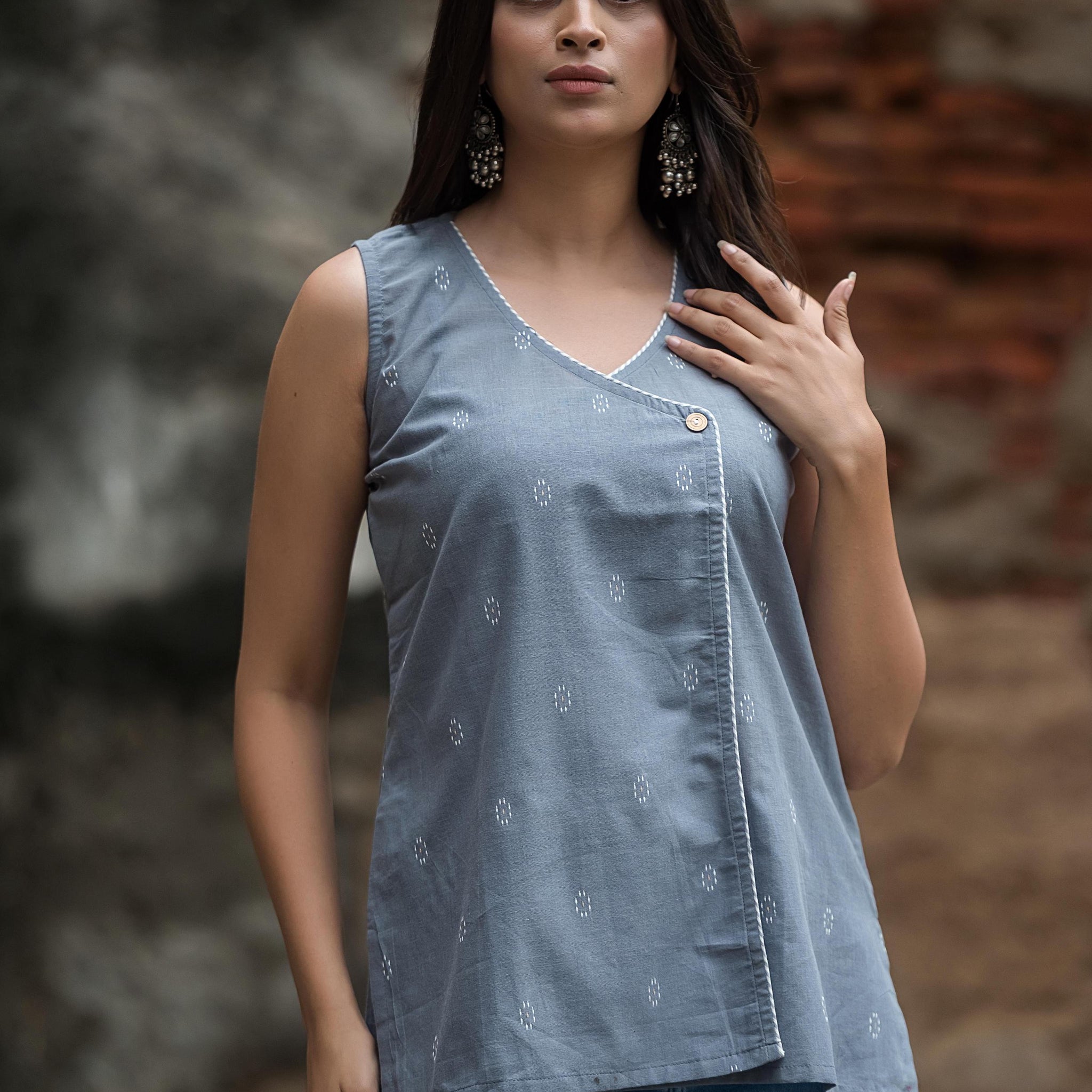 Light Grey Cotton Dobby Sleeveless Overlap Short Top