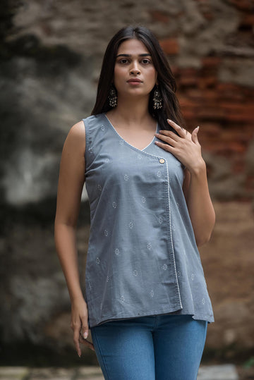 Light Grey Cotton Dobby Sleeveless Overlap Short Top