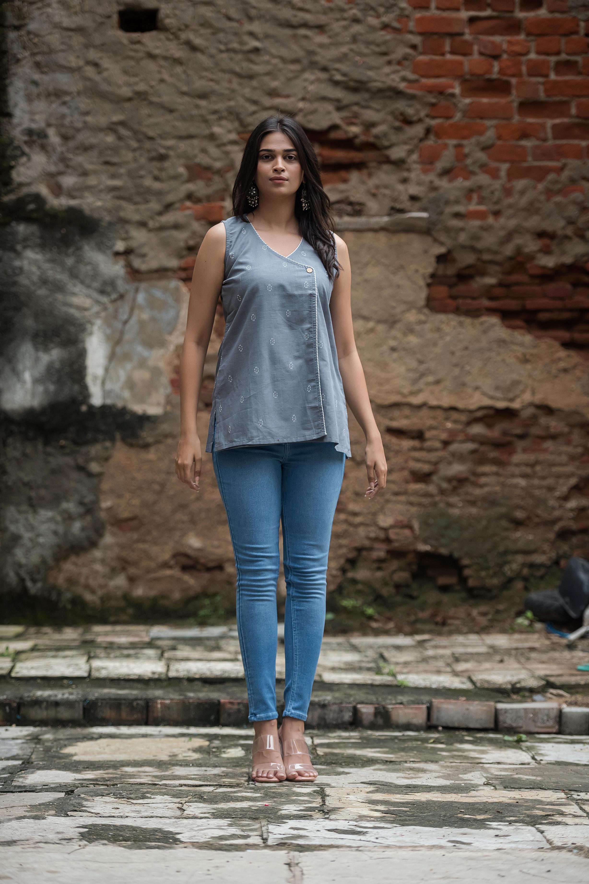 Light Grey Cotton Dobby Sleeveless Overlap Short Top